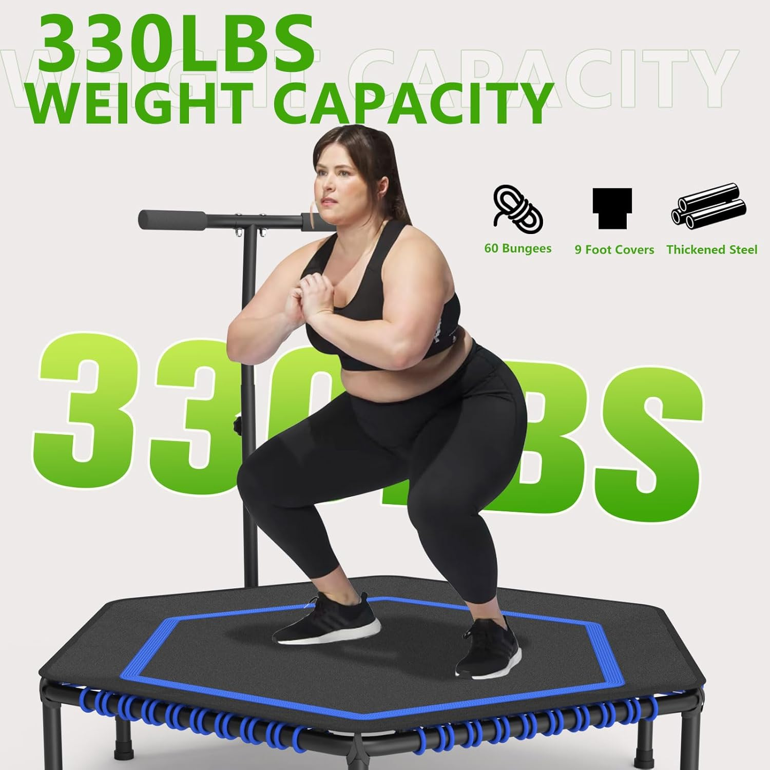 50" Hexagon Rebounder Trampoline for Adults Max Load 330Lbs Fitness Trampoline with 6 Heights Adjustable Handle Bar Silent Trampoline Bungee Rebounder Jumping for Adults with Safety Padded Cover image number 6