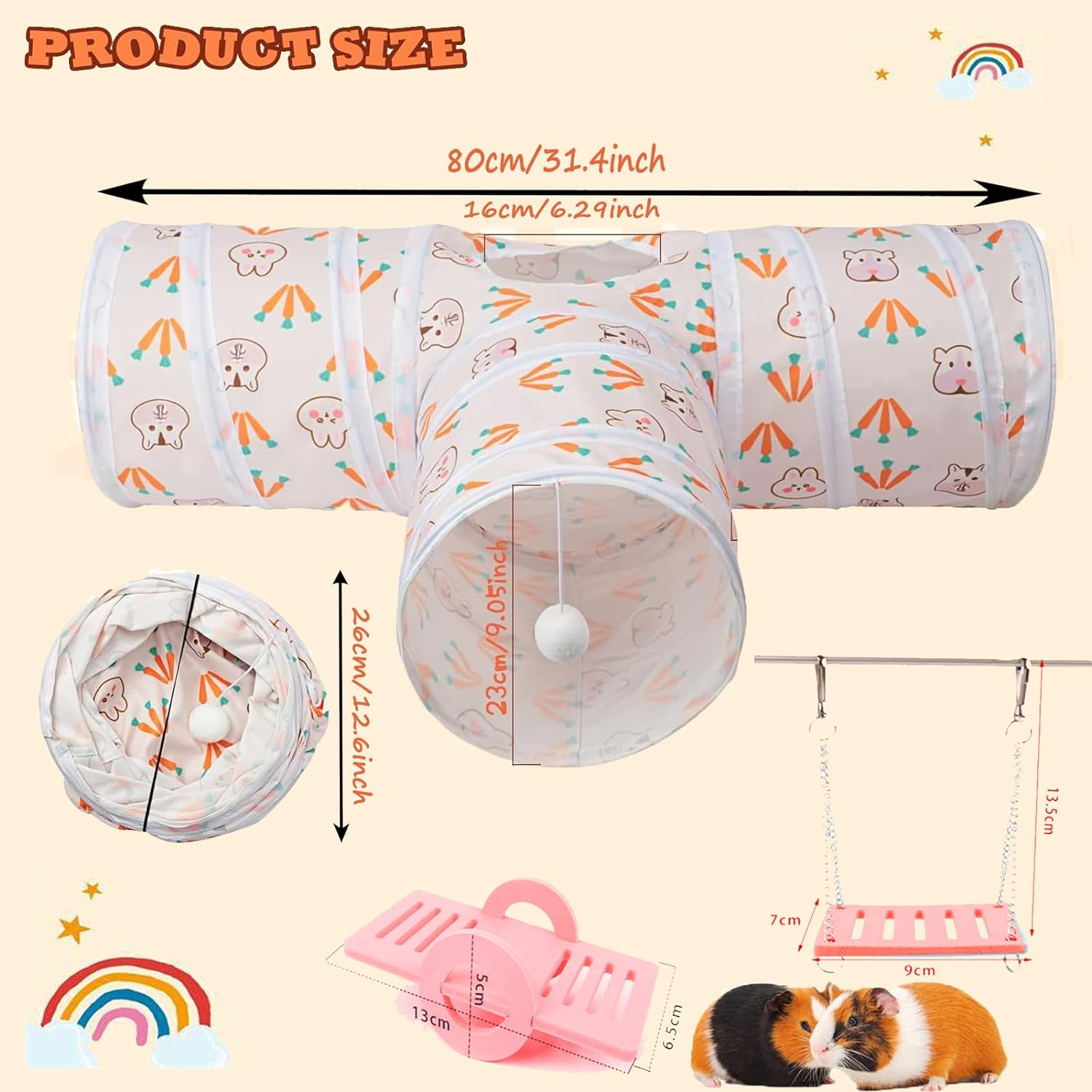 Guinea Pig Tunnel,Bunny Tunnel,Rabbit Tubes Collapsible 3Way Rabbit Toys Set Small Animal Hideout with Fun Toys for Hamster Rats Ferret Kitten Hedgehog Hiding and Resting image number 5