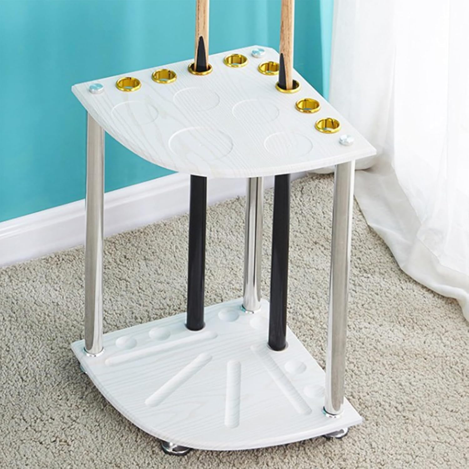 Pool Cue Rack,Free Standing Billiard Stick Stand,Fishing Rod Storage Rack,Holds 9 Cue,For Indoor Bar Billiard Room School Home Club(White) - Black image number 2