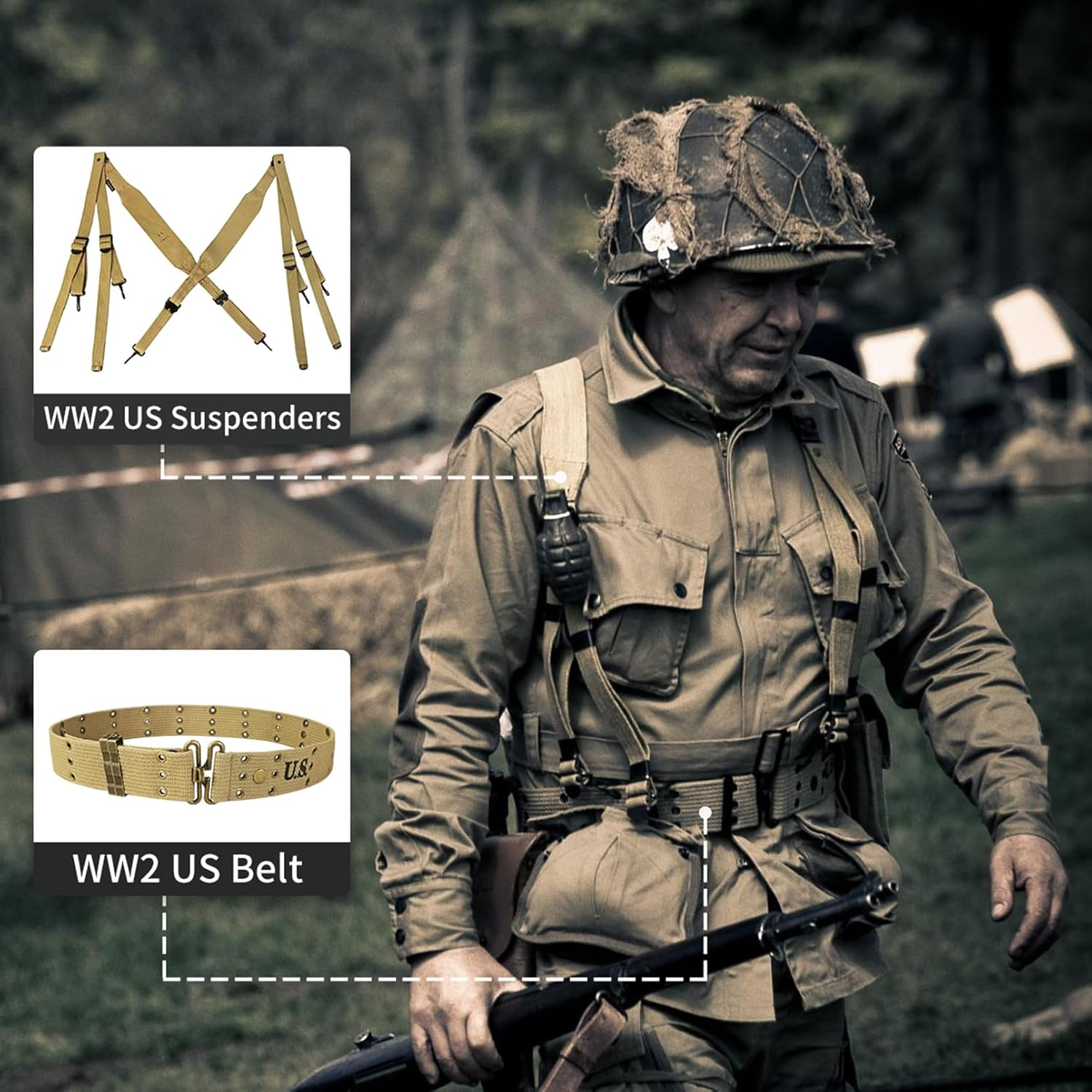SMONT Repro WW2 US. Army M1936 Suspenders WWII Combat Standard X Strap Canvas/Khaki, Khaki, Medium image number 2
