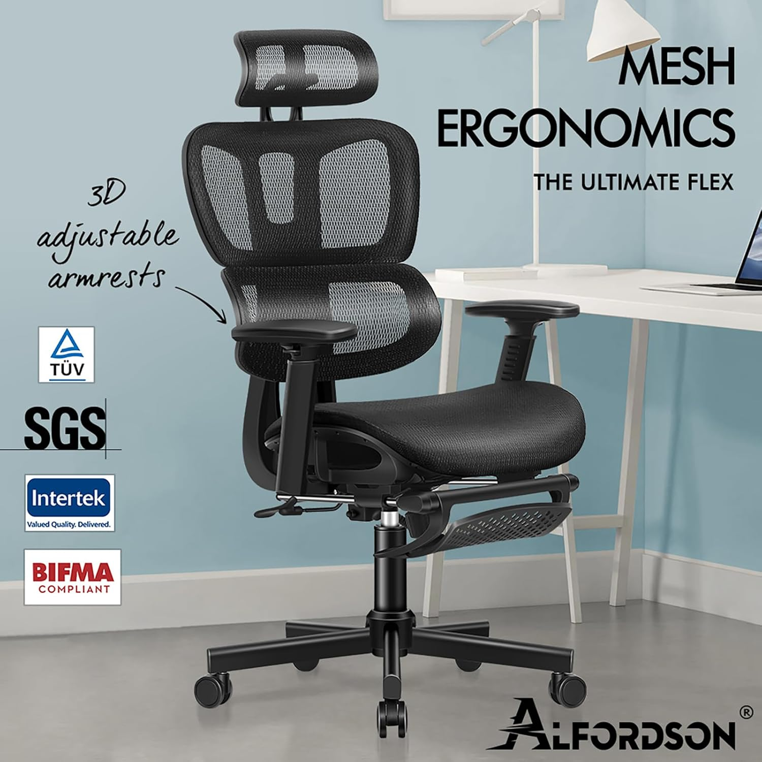 ALFORDSON Ergonomic Mesh Office Chair with 3D Armrest, Recline & Tilt Executive Study Chair with Adaptive Lumbar Support, Computer Gaming Desk Chair with Adjustable Headrest & Footrest, Black image number 1