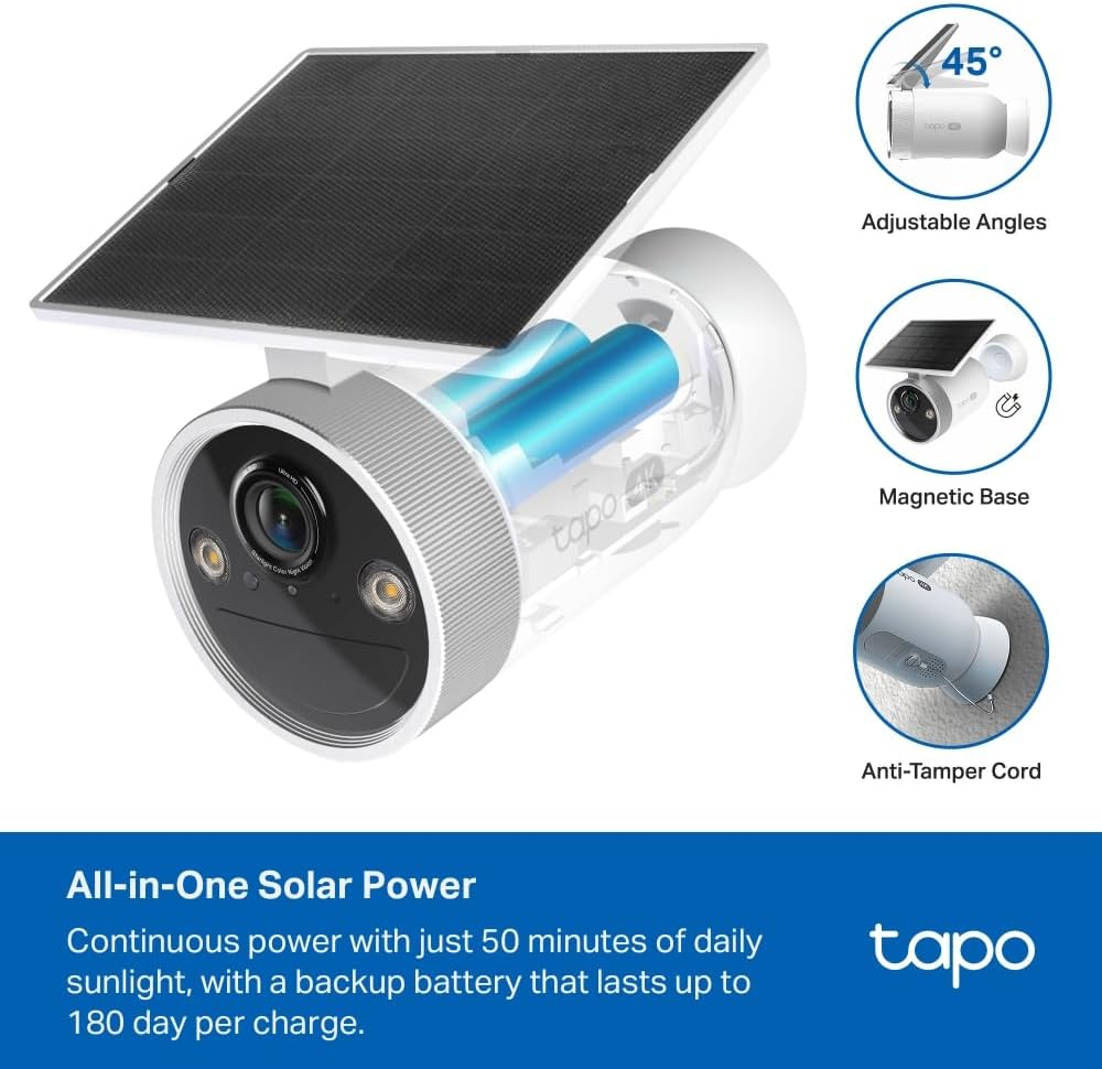 Tapo Tp-Link Smart Wire-Free Solar-Powered Camera & Solar Panel, Dual Band Connection, Full Color Night Vision, Starlight Sensor, 4K, IP65, Free AI Detection, Two-Way Audio, SD Card Slot (Tapo C465) image number 5