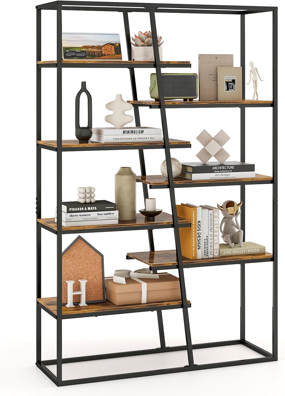 Giantex 180 Cm Tall Bookshelf, 7-Tier Industrial Etagere Bookcase with Heavy-Duty Metal Frame, Freestanding Double Wide Display Rack for Living Room Bedroom Home Office, Rustic Brown image number 5
