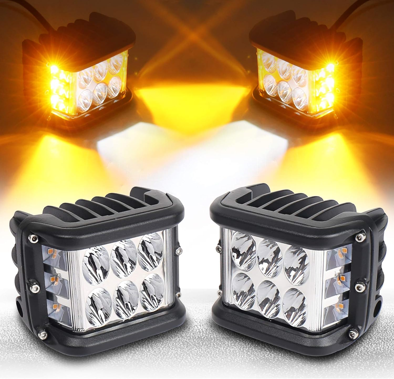 OVOTOR Side Shooter, LED Pods Light 4 Inch off Road Dual Side Yellow DRL with Flash Strobe Function Driving Flood Spot Cube Work Light Bar for Jeep Truck ATV Boat