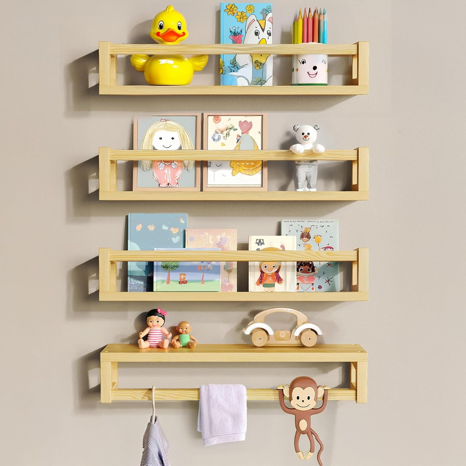 Floating Nursery Kids Book Shelves for Wall Set of 4, Wall Mounted Natural Solid Wood Furniture Bookcase Decor Storage Organizer Shelf for Bedroom Kitchen Bathroom Living Room (4, Natural) - 4, Natural image number 5