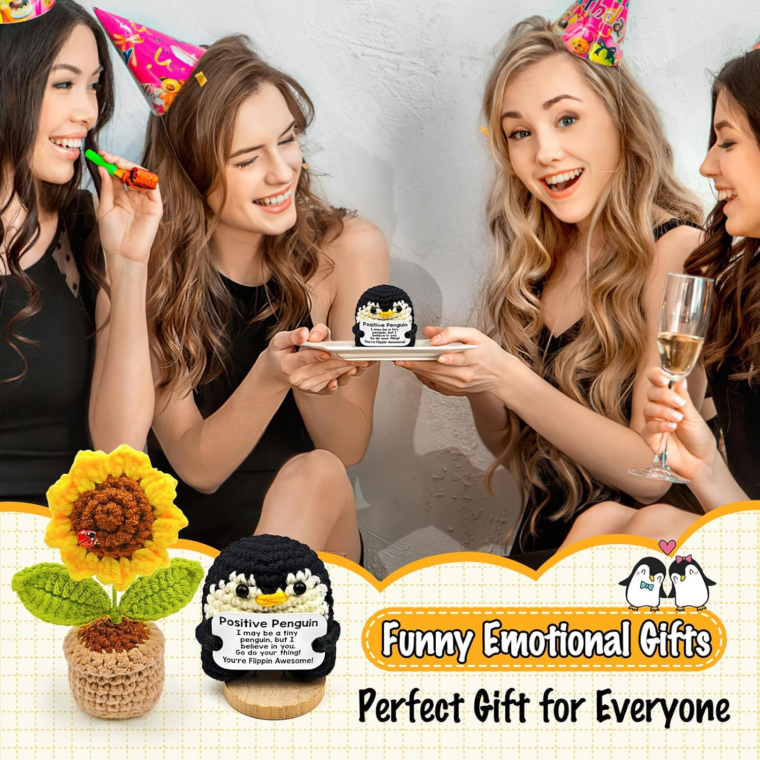 Mini Postive Crochet Funny Gift, 2PCS 3 Inch Cute Crochet Sunflower Pot Desk Decoration Toy with Positive Card for Dad Father Women Mom Best Friend Teacher Fall (Sunflower & Penguin) image number 6
