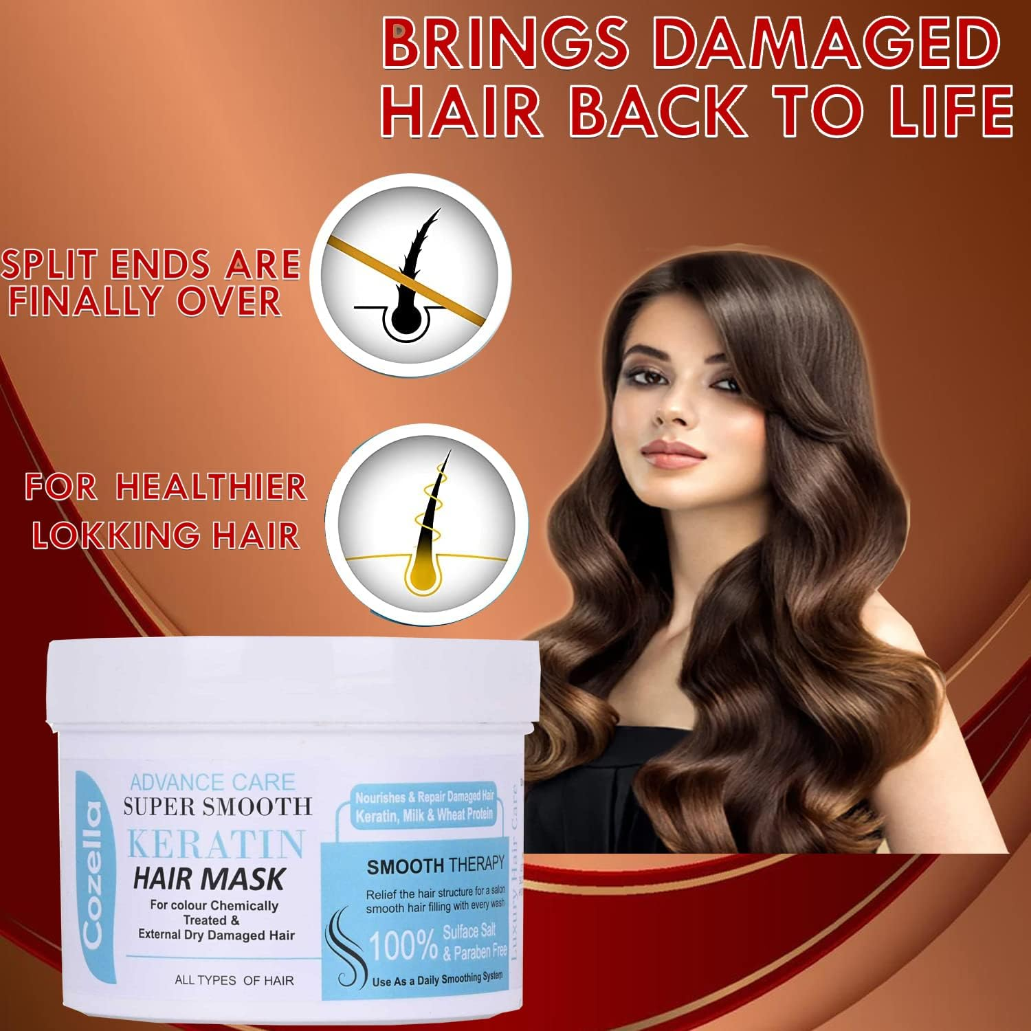 Cozella Advance Care Supre Smooth Keratin Hair Mask |For Colour Chemically Treated & External Dry Damaged Hair |Sulfate and Paraben Free| All Hair Types | 500ML image number 1