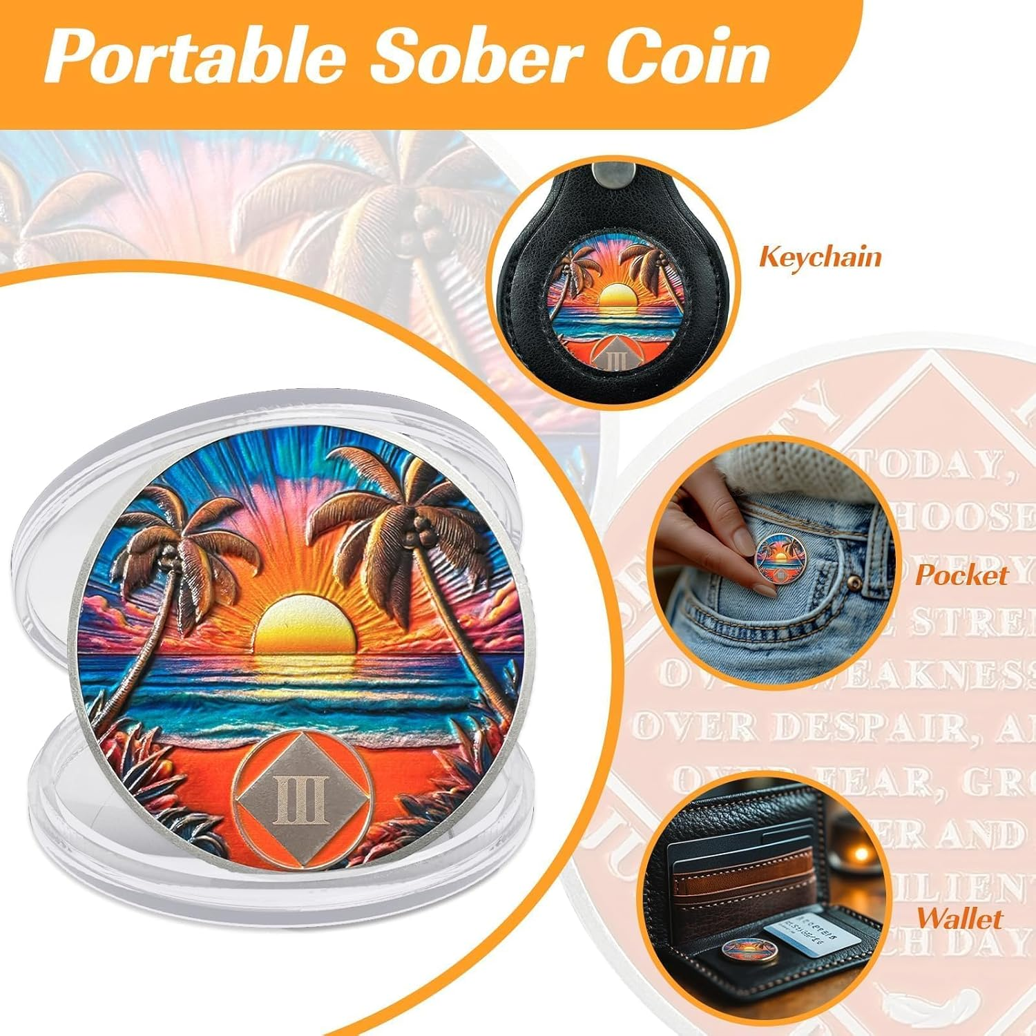Beach Sunset 3 Year Sobriety Coin- Affirmation Sober Chip and AA Medallion, Alcoholics Anonymous Sobriety Gifts, Addiction Recovery Coin for Men and Women image number 1