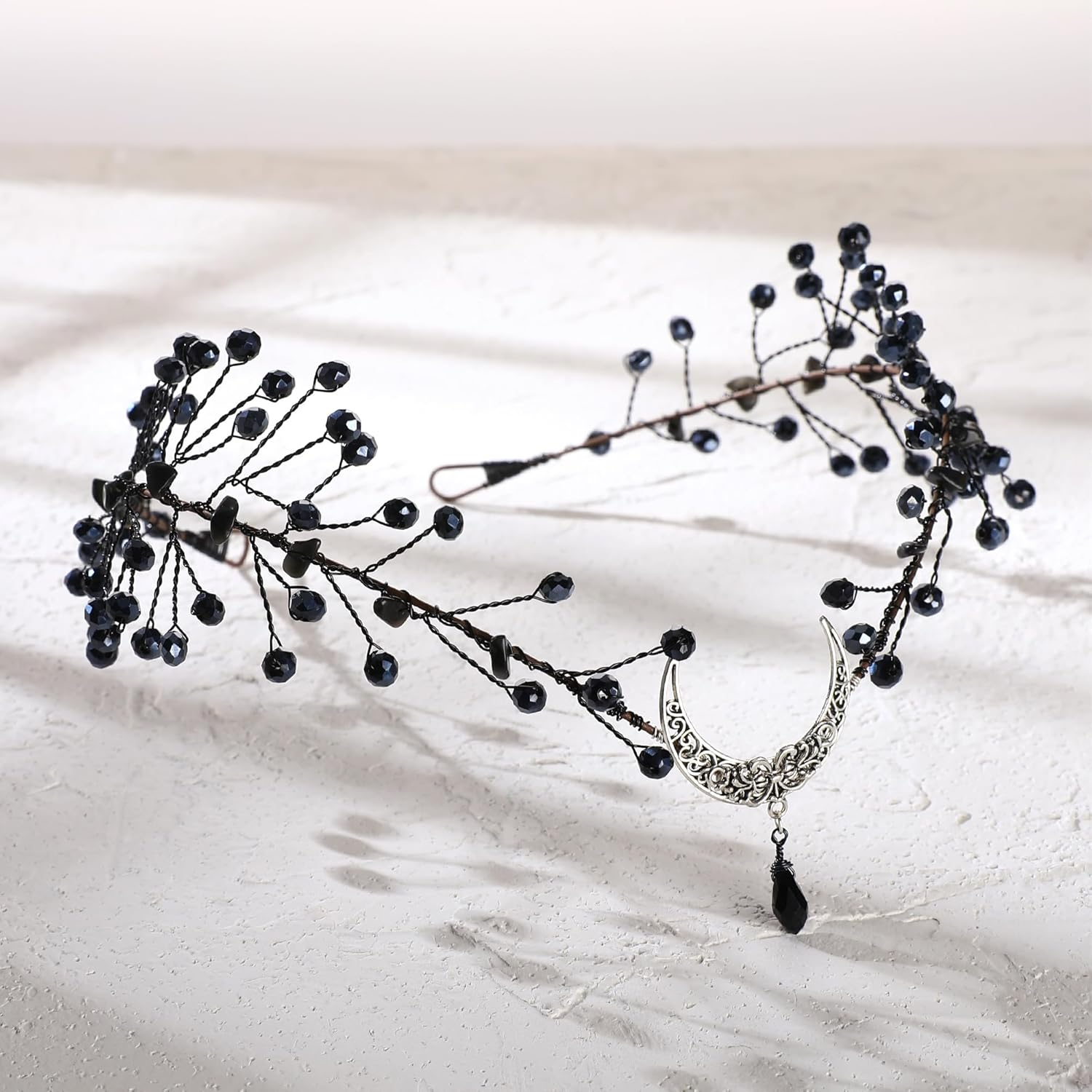 MOSTORY Moon Fairy Crown Tiara for Women, Gothic Black Crystal Elf Crown Headband for Renfaire Halloween Cosplay image number 4