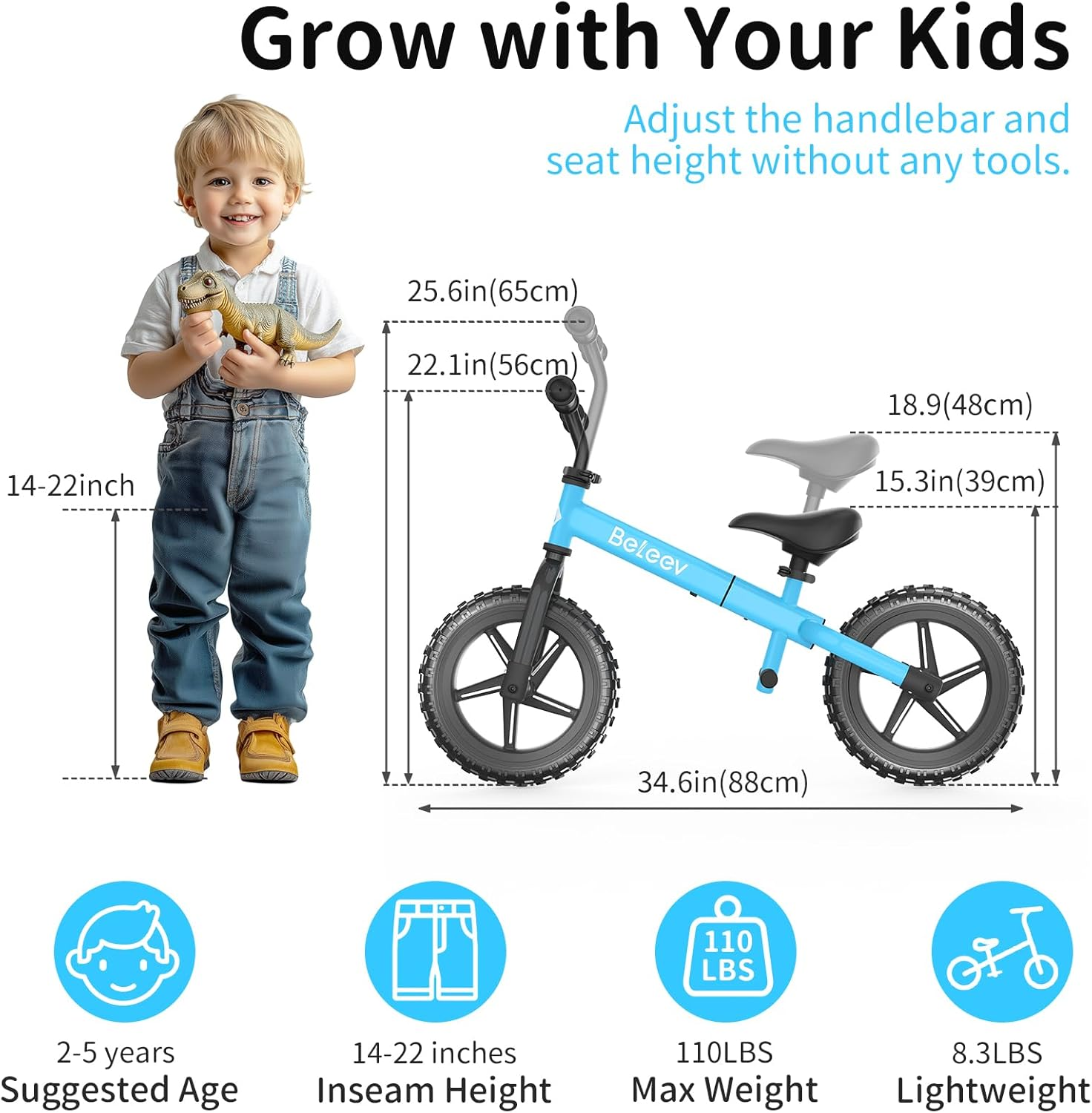BELEEV C2 Balance Bike 2 Year Old with LED Light-Up Wheels, Adjustable Seat and Handlebar, Footrest, 12 Inch Anti-Skid Wheels, Kids Toddler Baby Walker Bike First Birthday 2-5 for Boys Girls image number 4