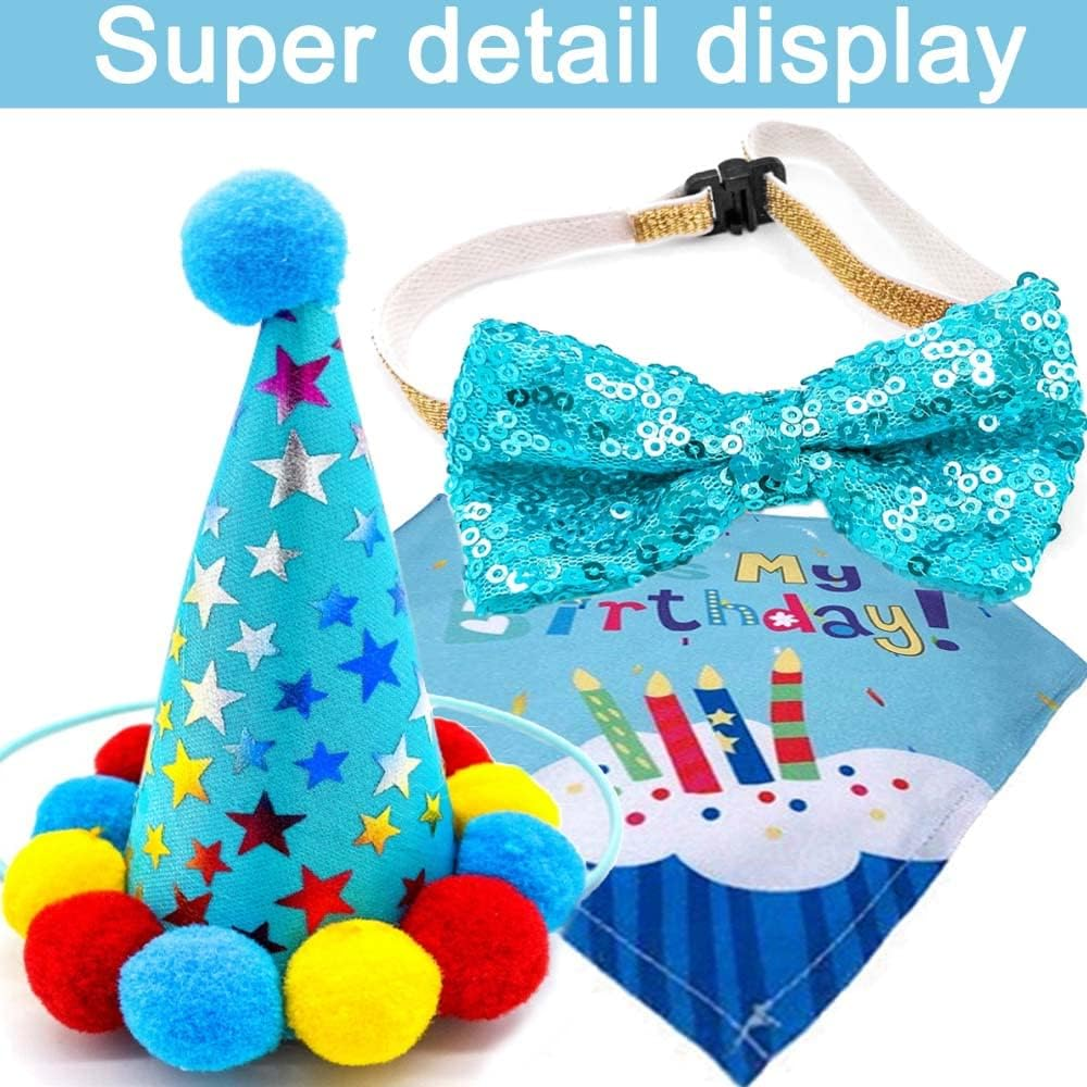 Dog Birthday Bandana Set, with Cute Doggie Birthday Party Hat and Bow Tie, for Cat and Dog Decoration(Blue) image number 5