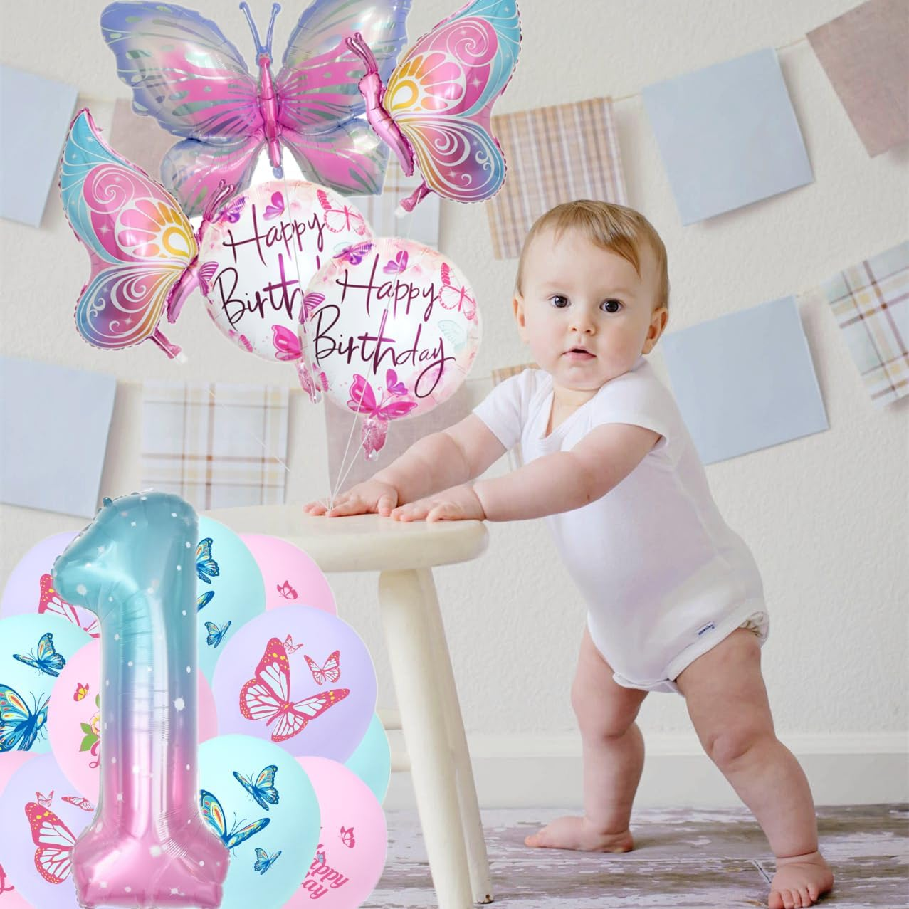 Butterfly Balloon 1St Birthday Decorations, Butterfly Balloons Colorful Gradient Pink Butterfly Foil Mylar Balloon for Fairy 1St Birthday Party Decorations Girl Party Supplies Baby Shower (1) image number 3