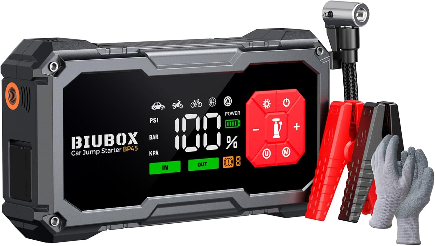 Car Jump Starter with Tyre Inflator 150PSI, Biubox 4500A 12V Portable Car Battery Jump Starter Power Bank Charger with Air Compressor, Jumper Leads, LED Display, Lights, Gloves (10L Gas/9L Diesel)