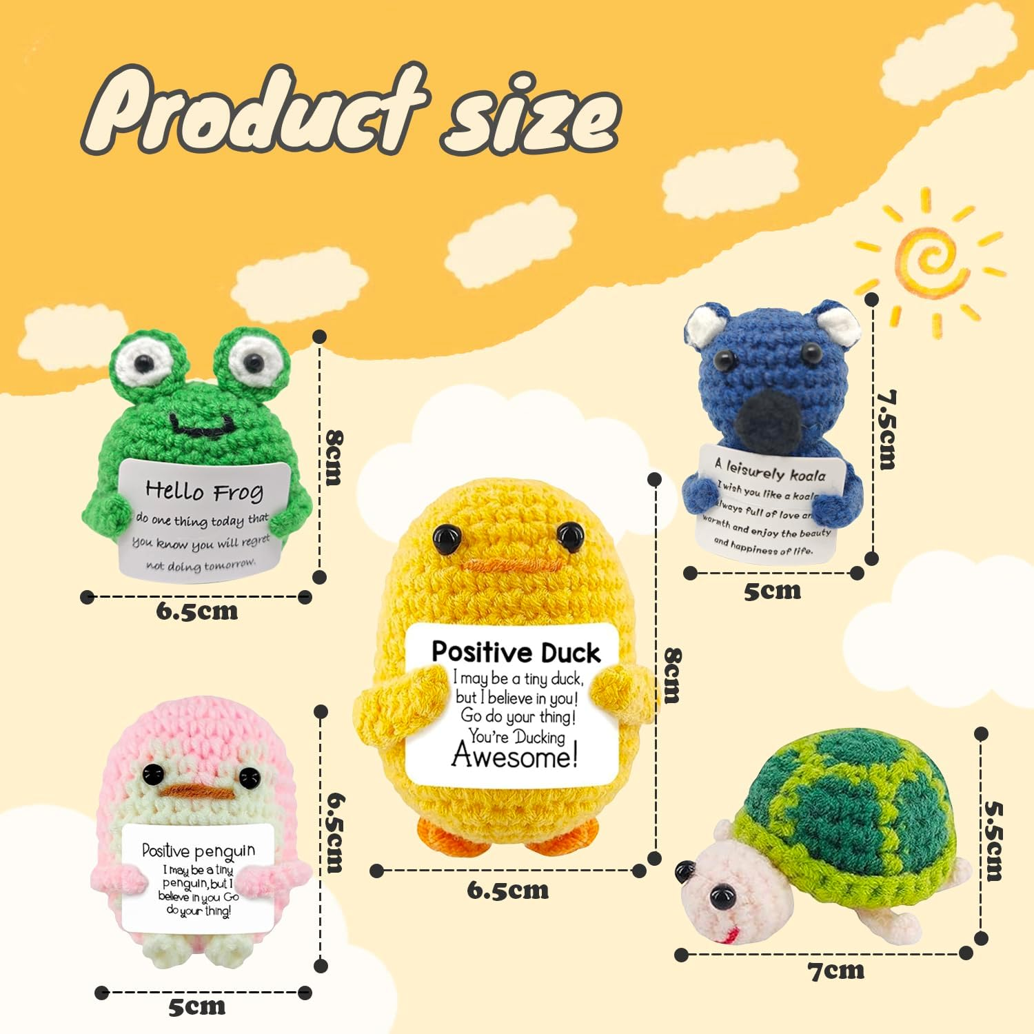 5PCS Positive Crochet Animals Decor, Soft Knitting Cute Handmade Mini Funny Crochet Gifts with Affirmations Cards, Emotional Support Positive Duck for Birthday Xmas Party Gifts Office Home Decor image number 5
