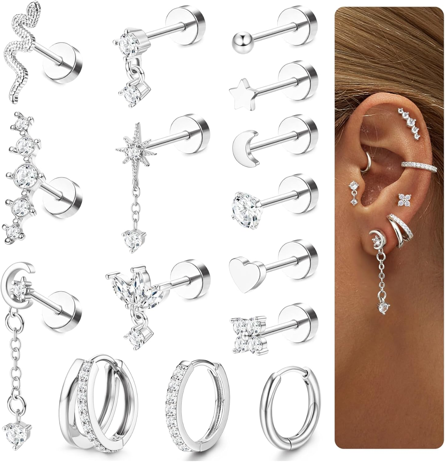 Kakonia 15 Pcs Helix Piercing Jewellery Surgical Steel Flat Back Earrings for Women Forward Helix Stud Hoop Earrings Cartilage Earrings Silver Gold Daith Tragus Rook Conch Piercing Jewellery