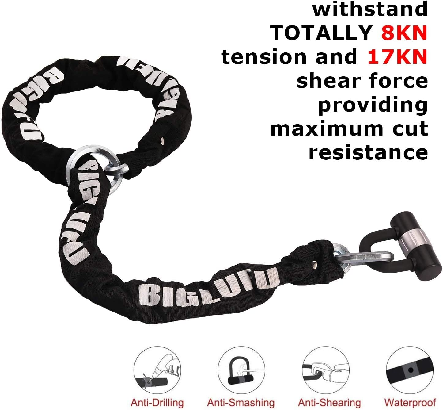 BIGLUFU Motorcycle Lock Chain Locks Heavy Duty, 120Cm/4Ft Long, Cut Proof 12Mm Thick Square Chains with 4Keys 16Mm U Lock, Ideal for Motorcycles, Motorbike, Bike, Generator, Gates, Bicycle, Scooter image number 3