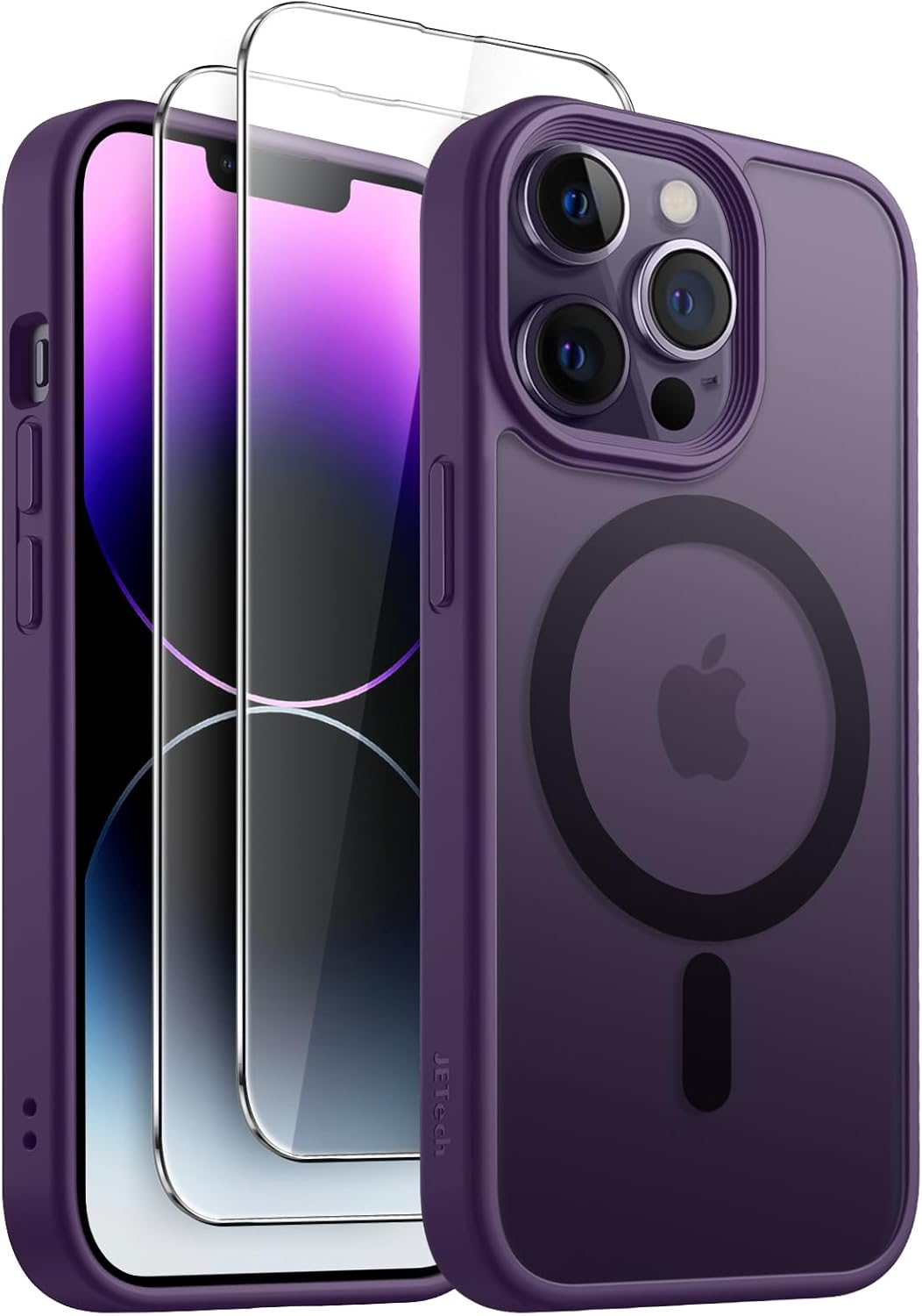 Jetech 3 in 1 Magnetic Case for Iphone 14 Pro Max 6.7-Inch with 2 Pack Tempered Glass Screen Protectors, Compatible with Magsafe, Translucent Matte Back Shockproof Phone Cover (Black)