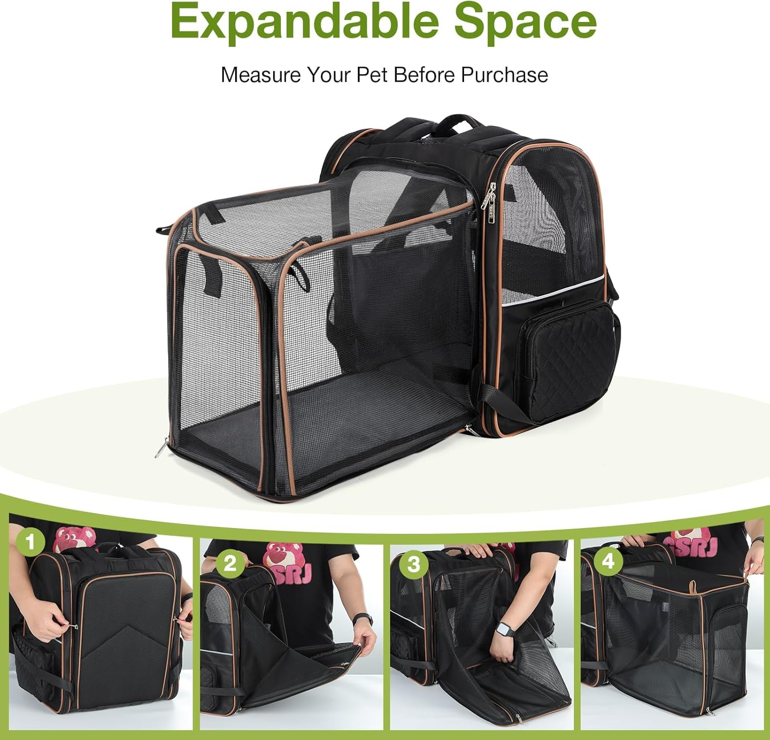 Lekespring Expandable Cat Backpack Dog Backpack for Cats Dogs up to 8 Kg, Large Cat Backpack Foldable Pet Backpack, Black image number 1