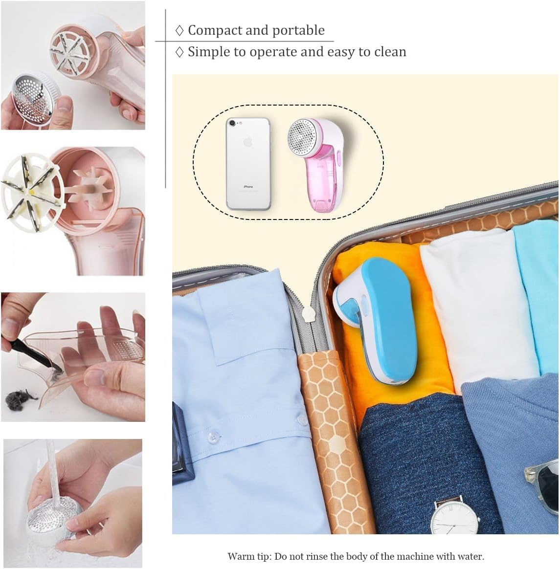 LEIAOLY Fabric Shaver and Lint Remover, Sweater Defuzzer with 2 Replaceable Stainless Steel Blades,Usb Rechargeable,Electric Lint Shaver with 6-Leaf Blades Remove Clothes Fuzz, Lint Balls, Pills - Blue image number 3