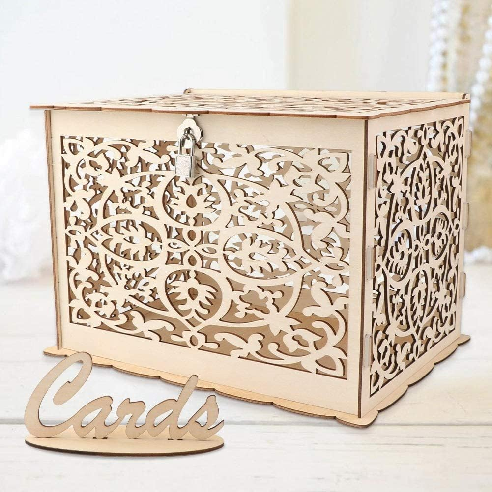 Dylvan Rustic Natural Wood Card Box with Lock, Perfect for Weddings, Baby Showers, Birthdays, Graduations, Holds 225 Cards image number 3