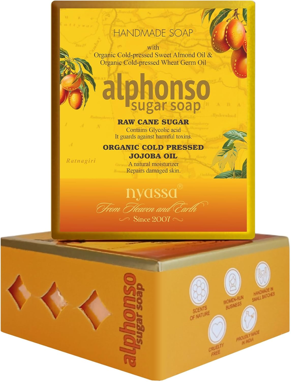 Nyassa Alphonso Handmade Sugar Soap with a Subtle Delectable Fragrance and Natural Ingredients Mango Leaf Extract, Raw Cane Sugar and Mango Butter. (150Gm) image number 2
