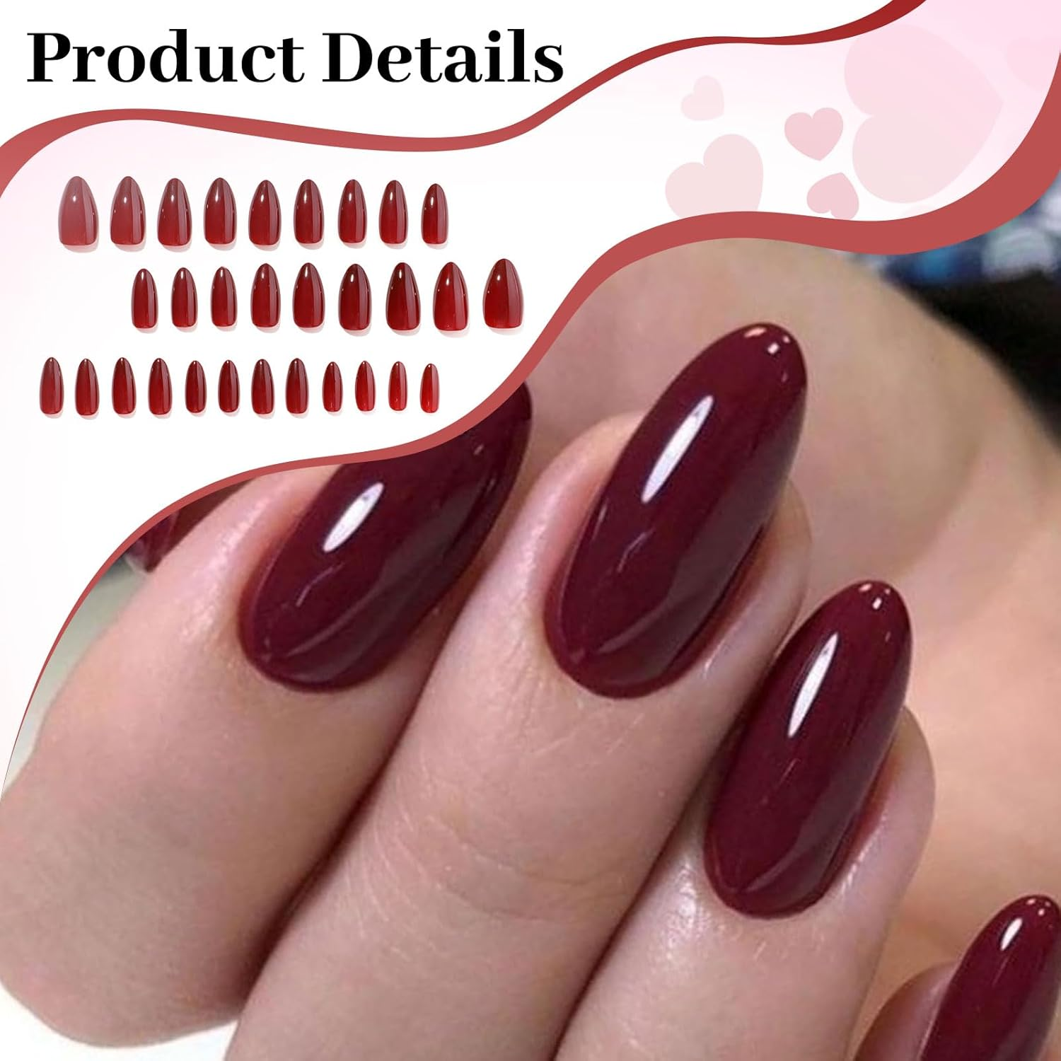 Lunarcharm Set of 30 Wine Red Press-On Nails, Short Almond False Nails, Reusable Nail Set with Nail Glue, Adhesive Tabs and Nail File, Red image number 3