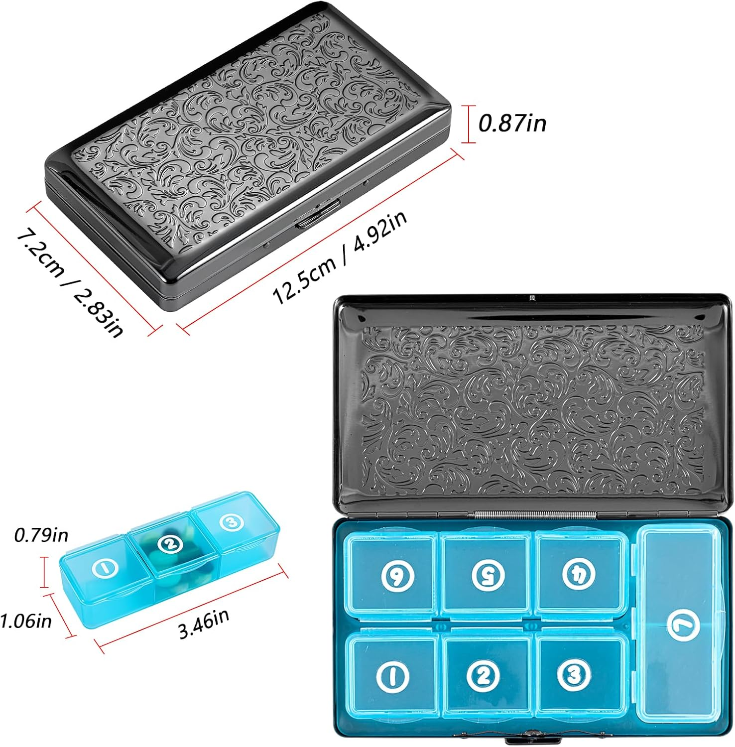 Pill Organizer, Pill Box 7 Day/Metal Travel Pill Case, BPA Free. (Pink) (Black) - Silver image number 6