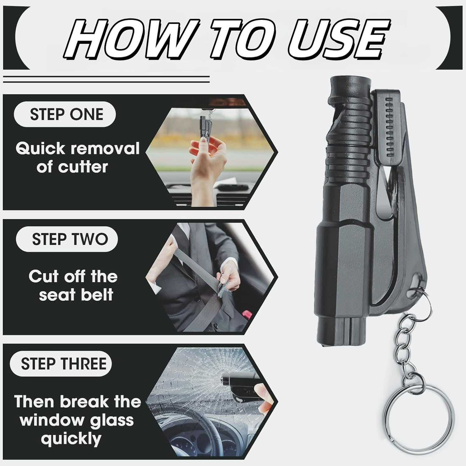 MAEZOE 3-In-1 Car Window Breaker Seatbelt Cutter Keychain, Emergency Window Glass Breaker Tool for Car, Family Safety, Road Trips & Daily Commute &ndash; 3PCS image number 4