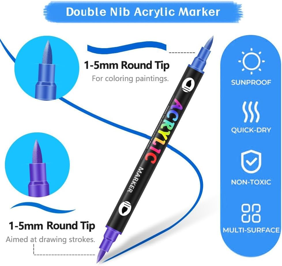 48 Color Acrylic Marker Pen for Painting, Ceramics, Wood, Plastic, Calligraphy, Scrapbook, Brush Engraving, Business Card Printing, DIY Crafts, Double Pointed Dual Color Rock Art Marker Pen. 24Pack image number 2