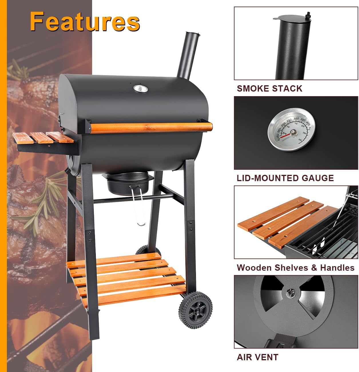 Charcoal Barrel Grill: Charcoal Grill with Storage for Camping, Picnic, Courtyard Party (Middle)