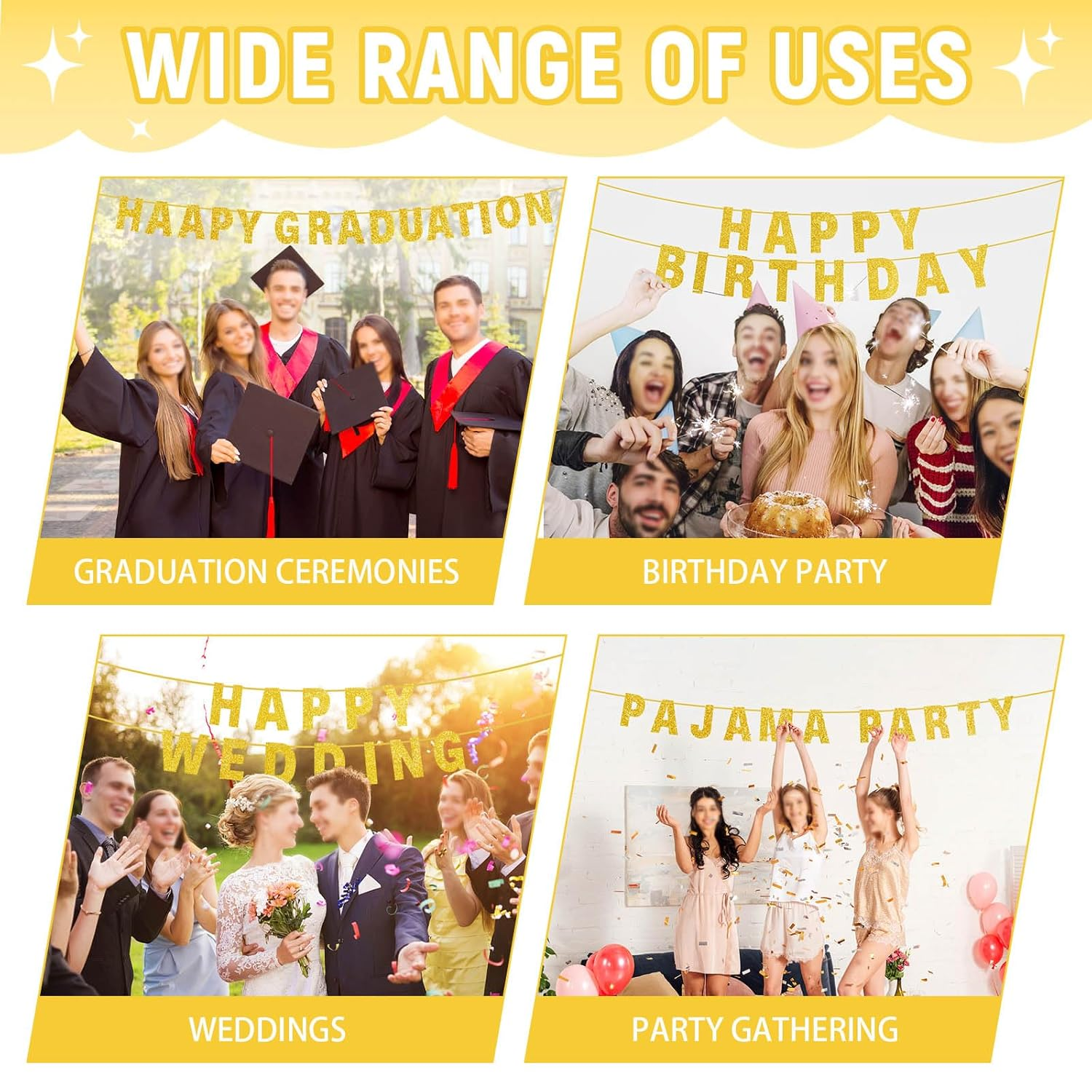 107 Pieces Glitter DIY Banner Kit with Letters Sign, Gold Happy Birthday Banner, Customizable Retirement Party Decorations Personalized for Graduation Wedding 4 Ropes and 2 Threading Devices image number 2