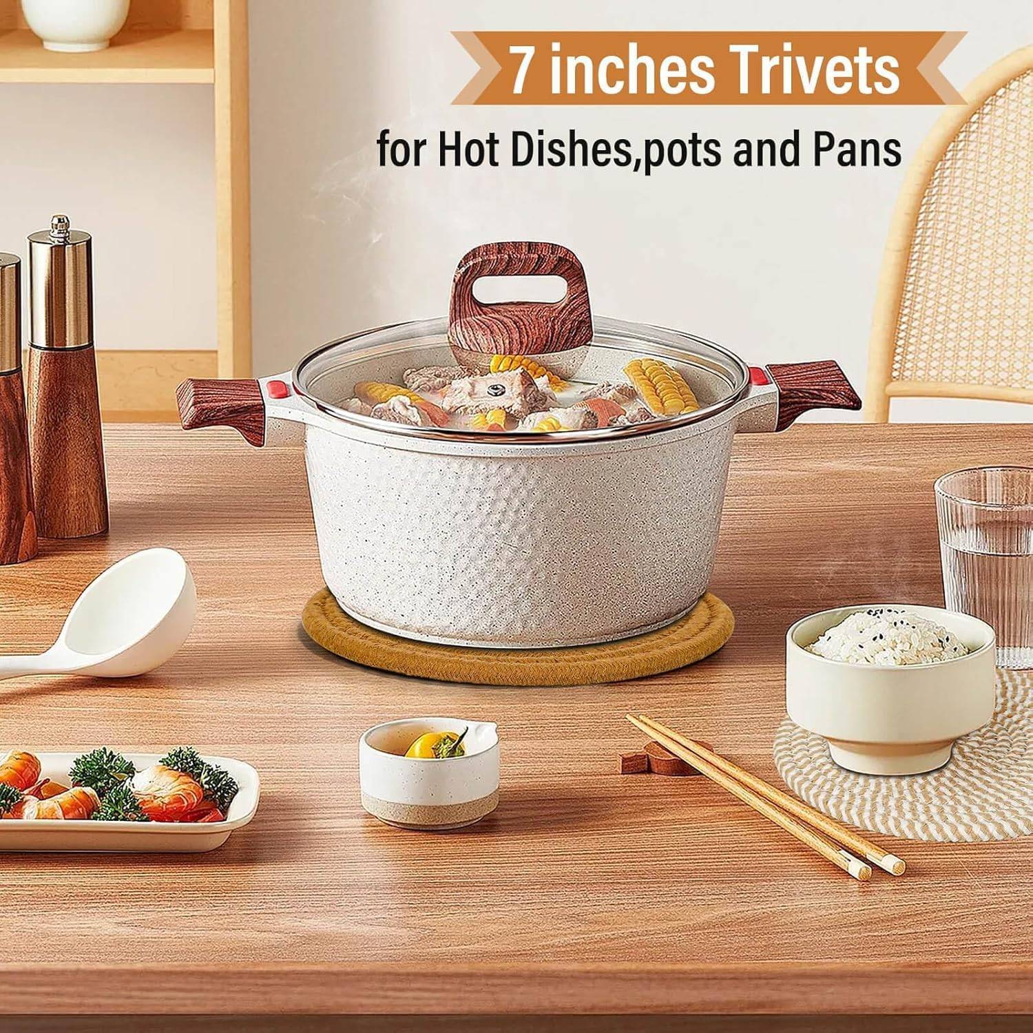 Weave Coaster Trivet Mats Set for Hot Dishes, 5 Heat Resistant Pot Holders for Kitchen, Home Essentials, anti Stain Hot Pads for Hot Pots and Pans, Fall Decorations for Home, 7 Inches image number 2