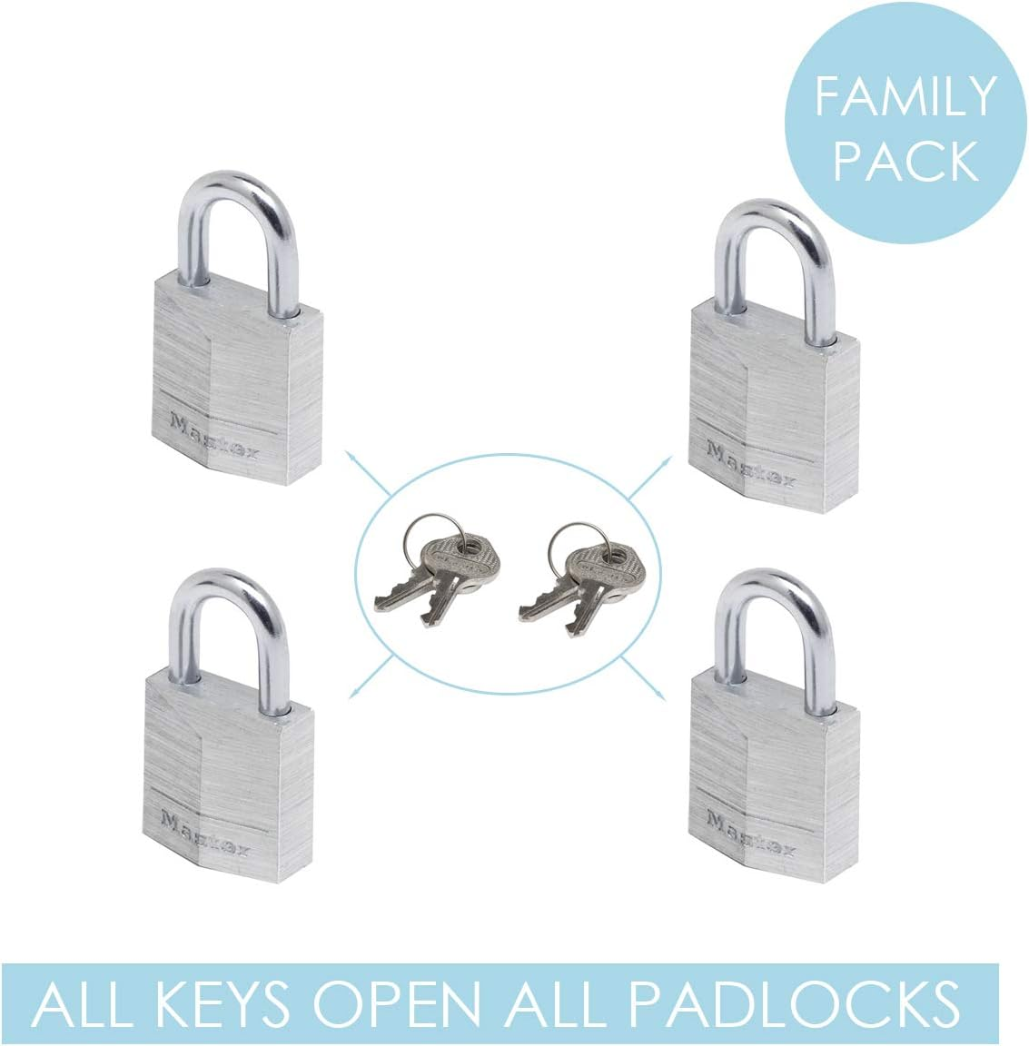 MASTER LOCK Small Padlocks [Key] [Keyed Alike] [Family Pack of 4] 9120EURQNOP - Best Used for Backpacks, Luggage, Computer Bags, Locker, Gym and More, Silver image number 2