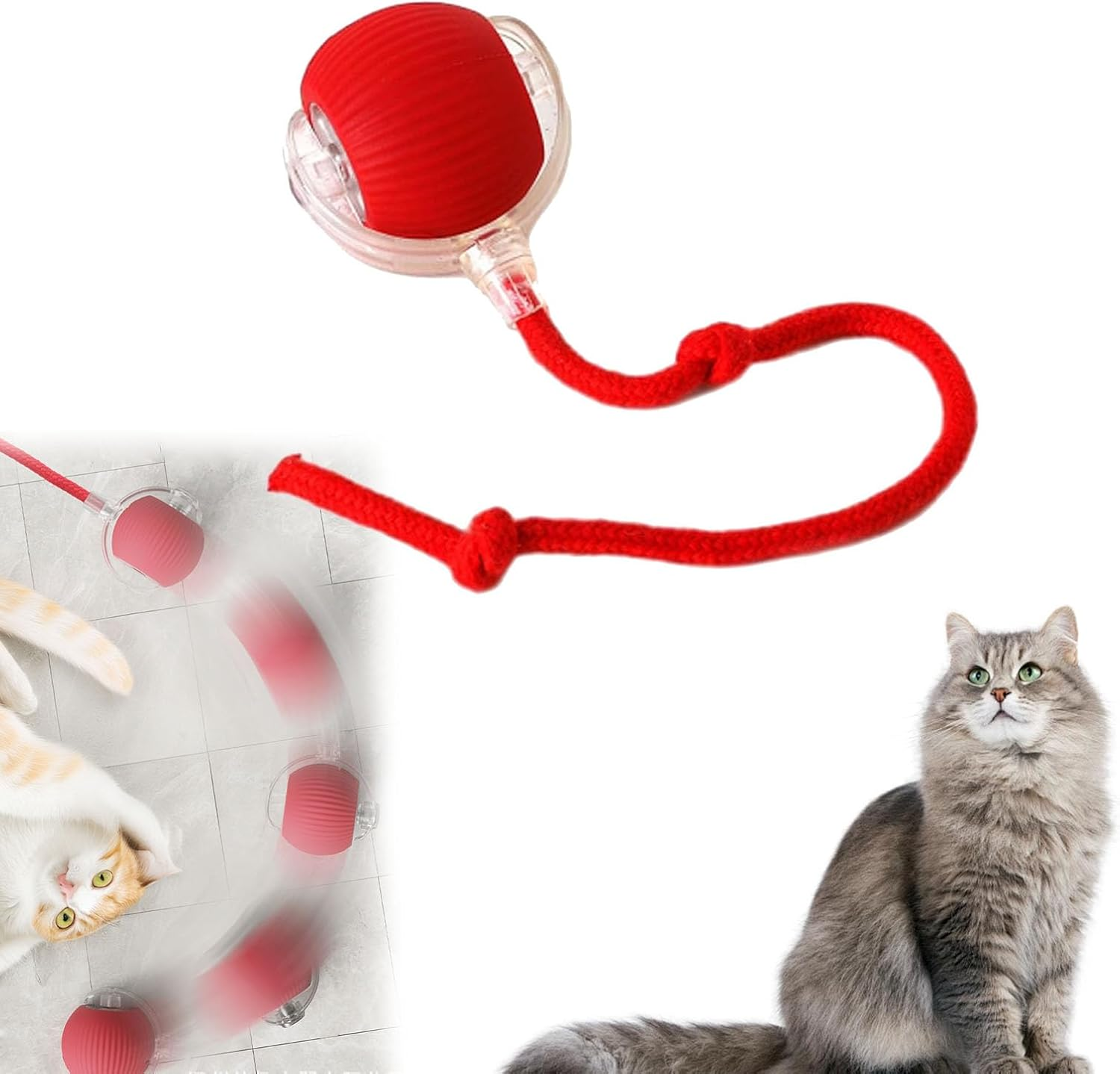 Tiny Fetch Cat Toys, Smart Interactive Toys for Cats, Automatic Rolling Cat Toy Ball, Cat Toys for Indoor Cats, Obstacle Avoidance ＆ Quiet Long Tail Cat Toy for Bored Kitty, Adult Cats (Red)