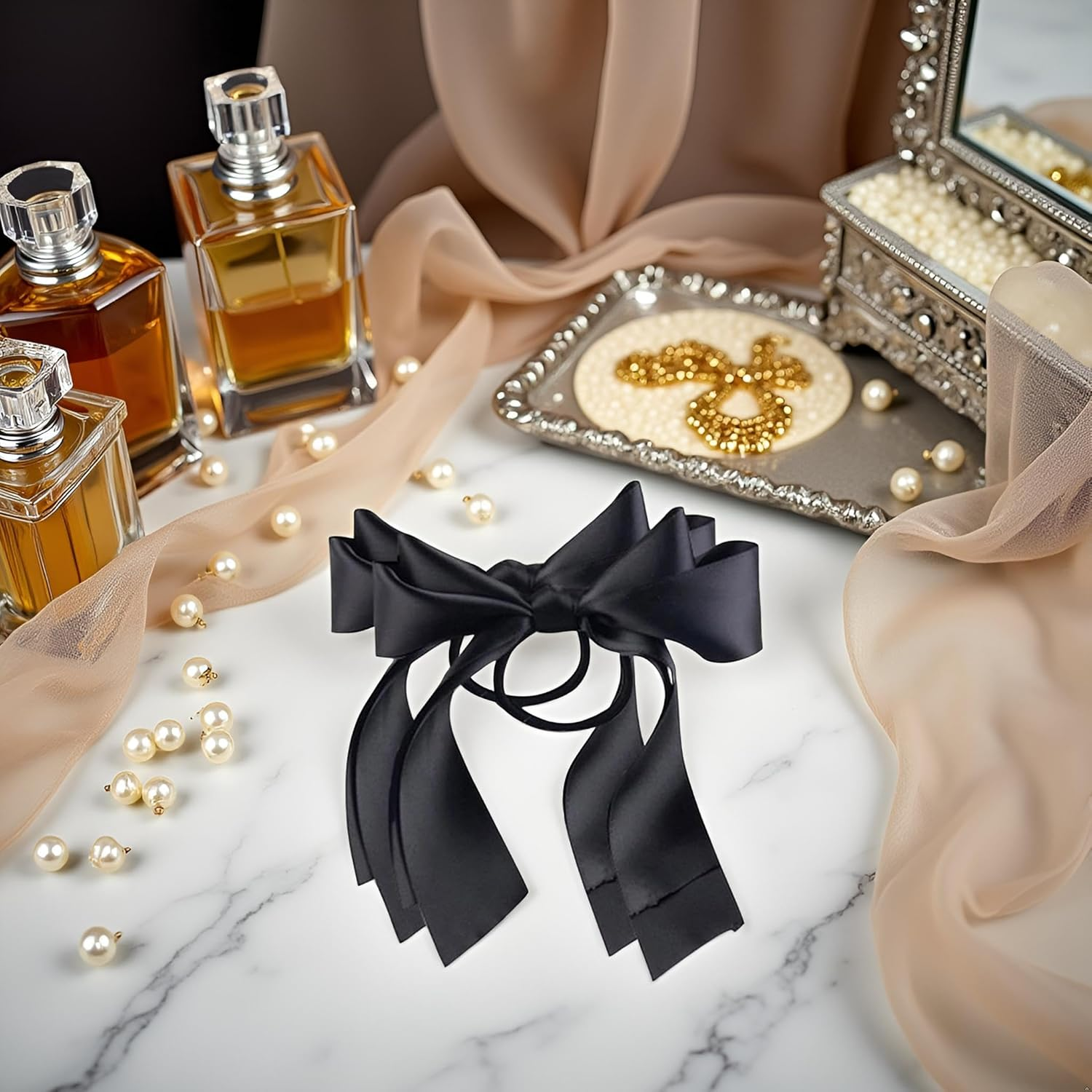 2 Pcs Black Ribbon Rope Bowknot Hair Ties, Elastic Hair Band Girl Hair Styling Accessories Ponytail Holders image number 5