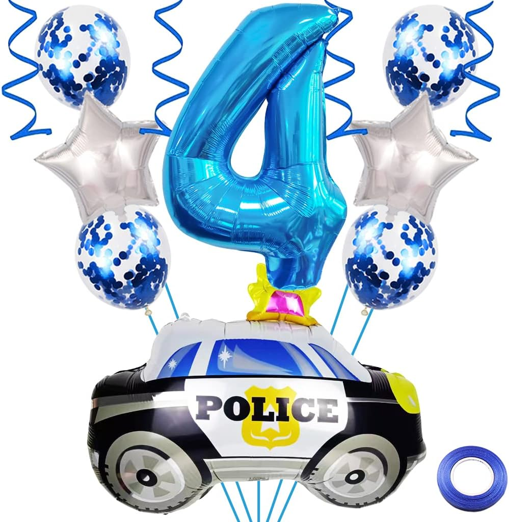 Weenkeey 5Th Police Car Birthday Balloons Giant Police Car Aluminum Foil Balloon Number 5 Mylar Balloon for Police Party Boys Birthday Decor - Blue