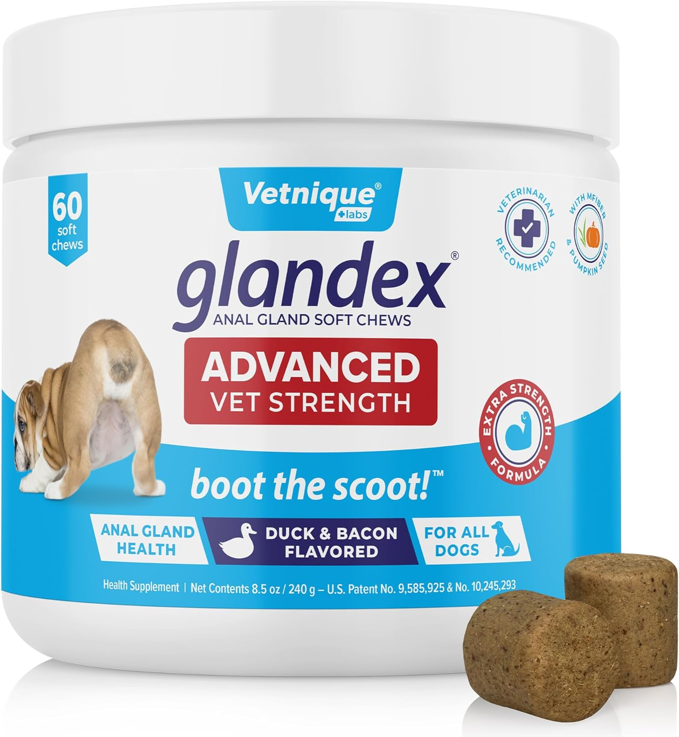Vetnique Glandex Gland Soft Chew Treats with Pumpkin for Dogs Digestive Enzymes, Probiotics Fiber Supplement for Dogs Boot the Scoot (Advanced Strength Duck/Bacon Chews (Vegetarian), 60 Ct) image number 4