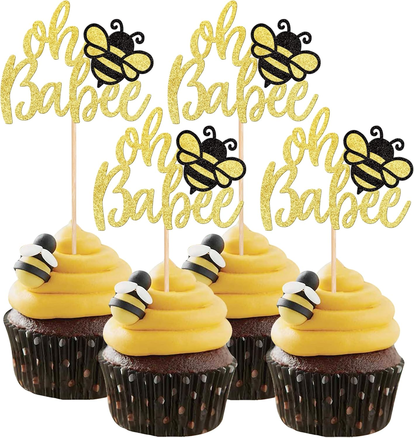 24 Pack Bumble Bee Oh Babee Cupcake Toppers Glitter Honeybee Oh Baby Cupcake Picks for Bee Theme Baby Shower Kids Birthday Party Cake Decorations Supplies Gold image number 1