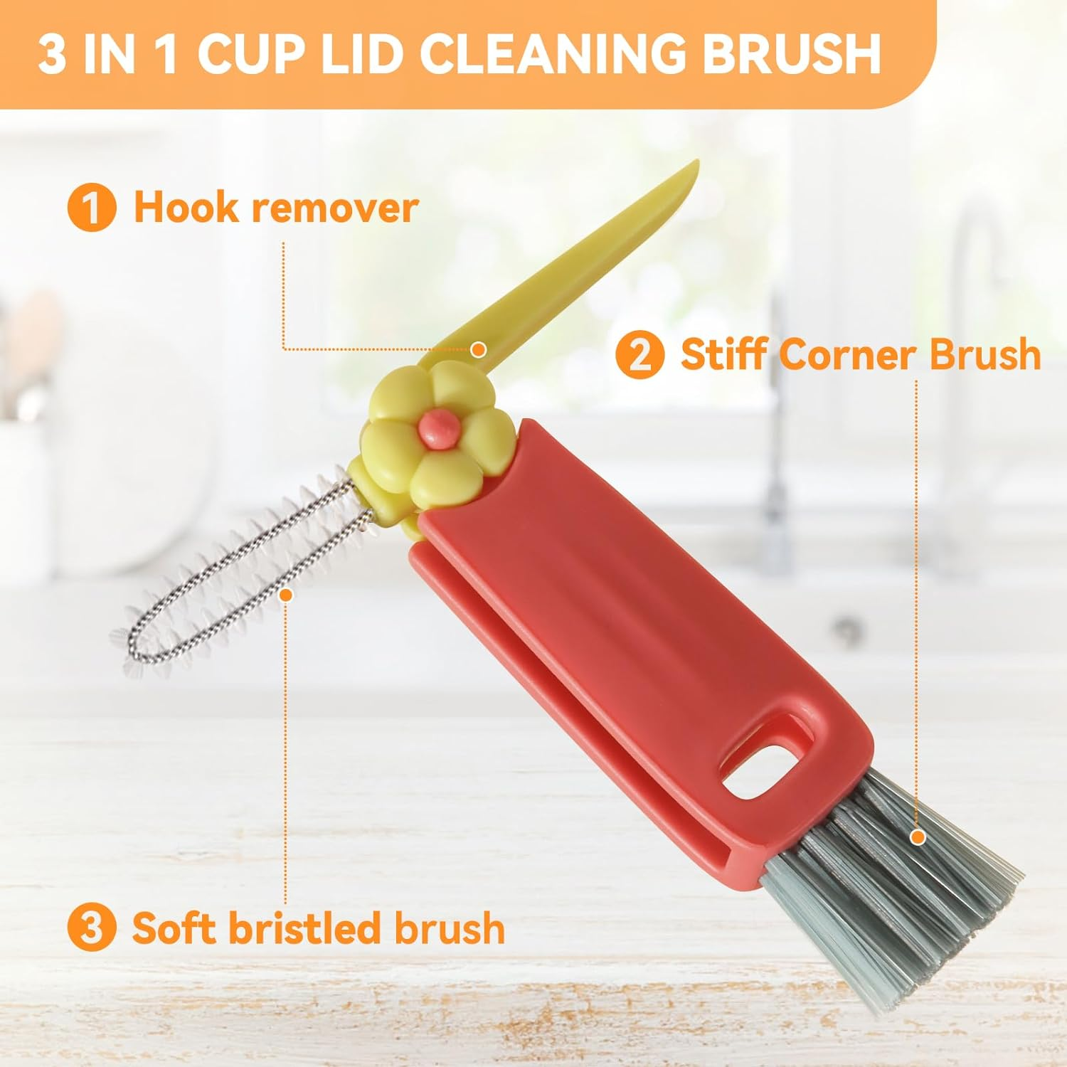 3 in 1 Cup Lid Cleaning Brush, Multifunction Crevice Cleaning Brush, Home Kitchen Crevice Cleaning Tools Flowers Blue image number 4