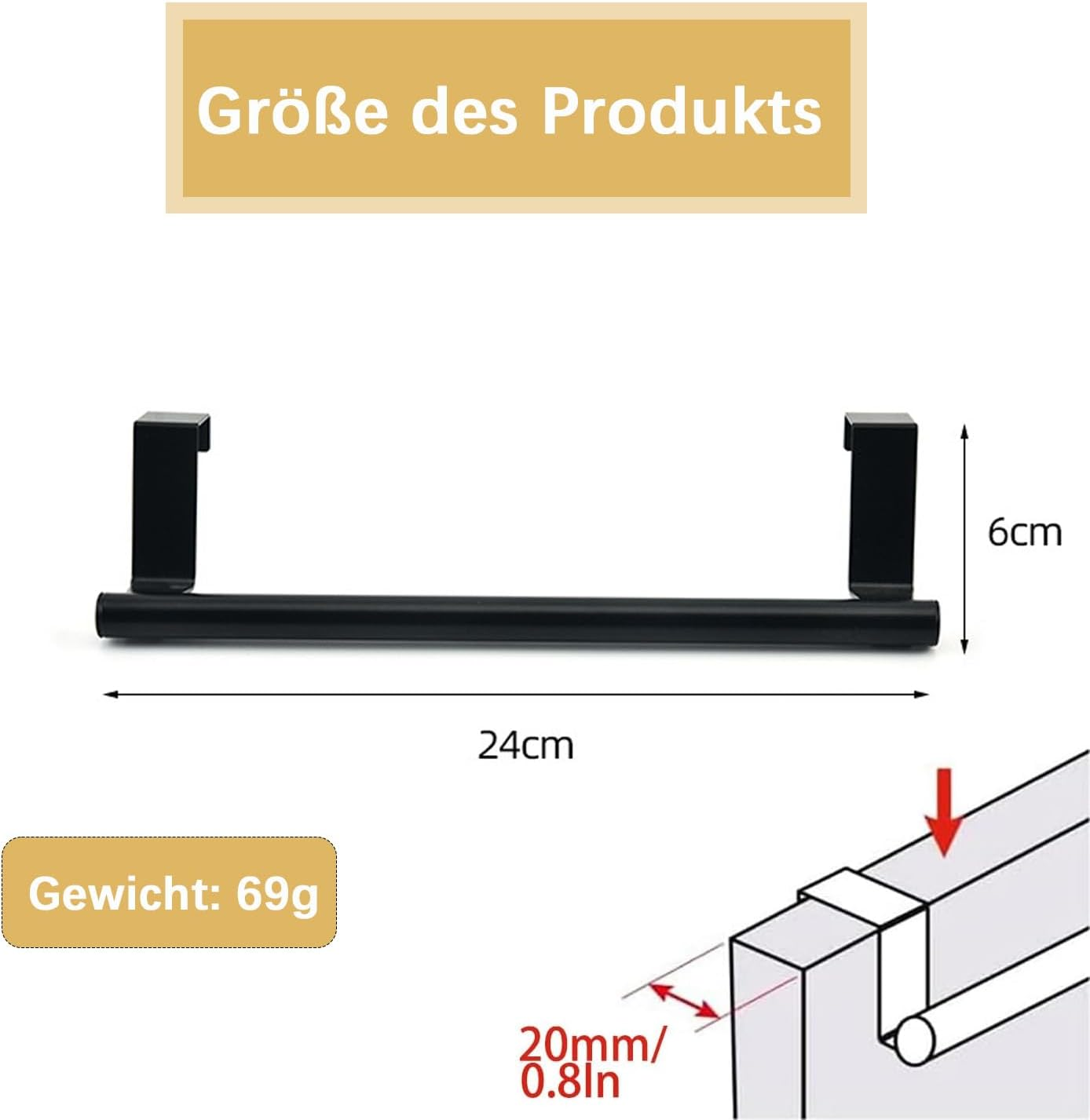 Door Towel Holder, Tea Towel Holder, Stainless Steel Door Towel Holder, Kitchen, Dish Towel Holder, for Hanging, No Drilling Required, for Hanging Towels, 24 Cm Long, Black image number 4