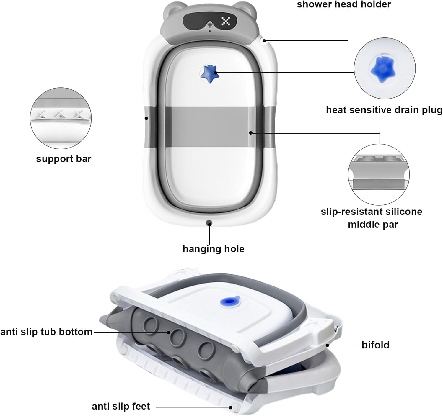 STEUGO Baby Bath Tub for Newborn with Seat Support Cushion Stand with Soft Cushion Baby Bathtub Newborn Totoddl Bath Tub for Baby 0-3 Years Travel Portable Bathtub（Grey） image number 1