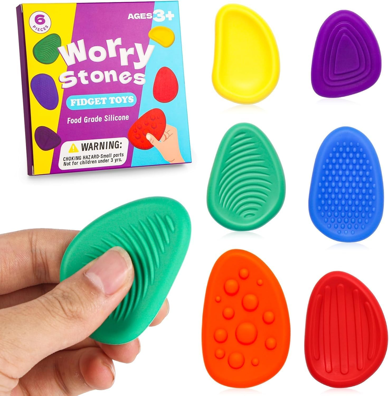 Sensory Worry Stone for Kids, 6Pack Silent Fidget Toys for Classroom, Quiet Fidgets Toy for Students Anxiety Relief image number 2