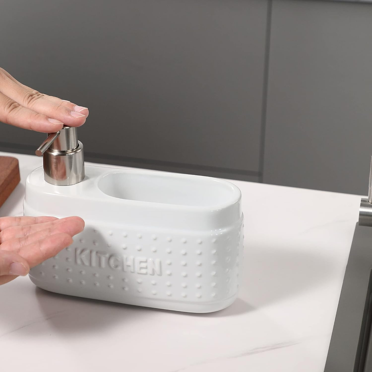 White Dish Detergent Dispenser for Kitchen Sink.Ceramic Dishwashing Liquid Dispenser with Sponge Holder -580Ml Large Capacity - Black image number 7