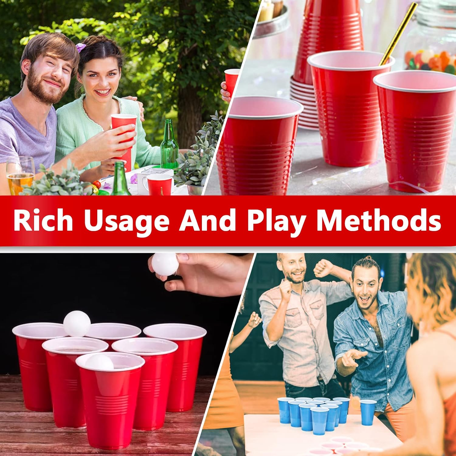 Frasheng Beerpong Party Cups, 100 Cups 12 Balls, Beer Pong Cups, Plastic Cups Red and Blue 16 Oz, Reusable Party Cups, Beer Pong Cups Set, for Christmas, Birthday, Wedding, Festivals