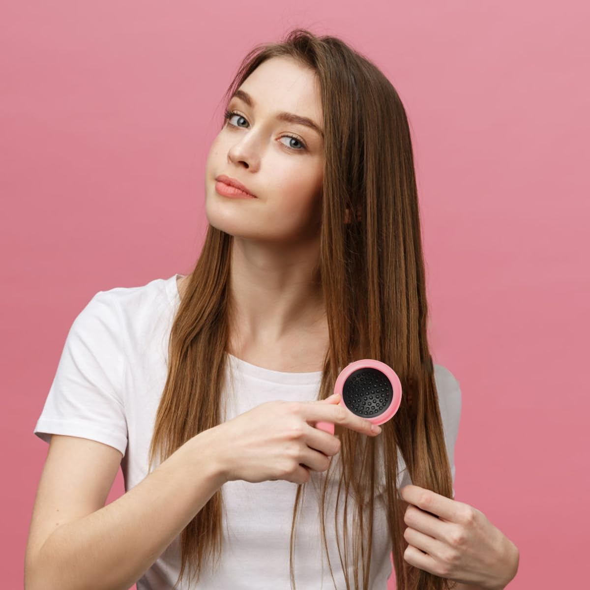 2 Pieces Folding Travel Mirror Hair Brushes, Pocket Hair Comb, Hair Brush with Mirror, round Mini Hair Brush for Women and Girls (Pink) - Black image number 3