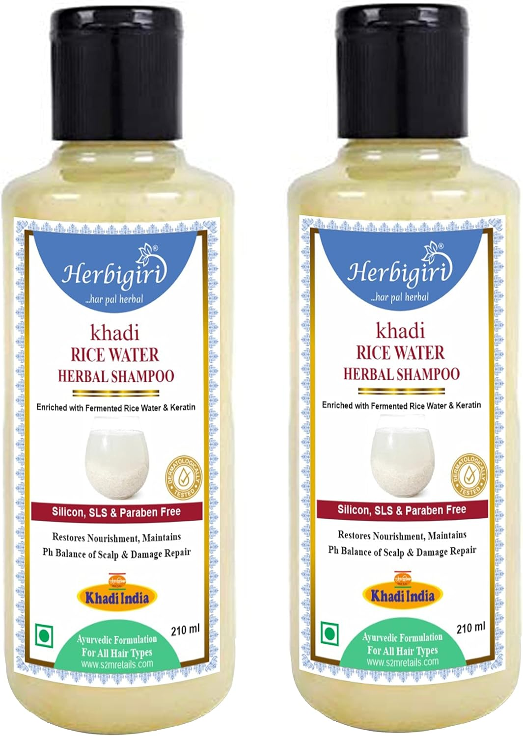 Herbigiri Khadi Natural Rice Water Herbal Shampoo SLS FREE 210Ml Pack of 7
