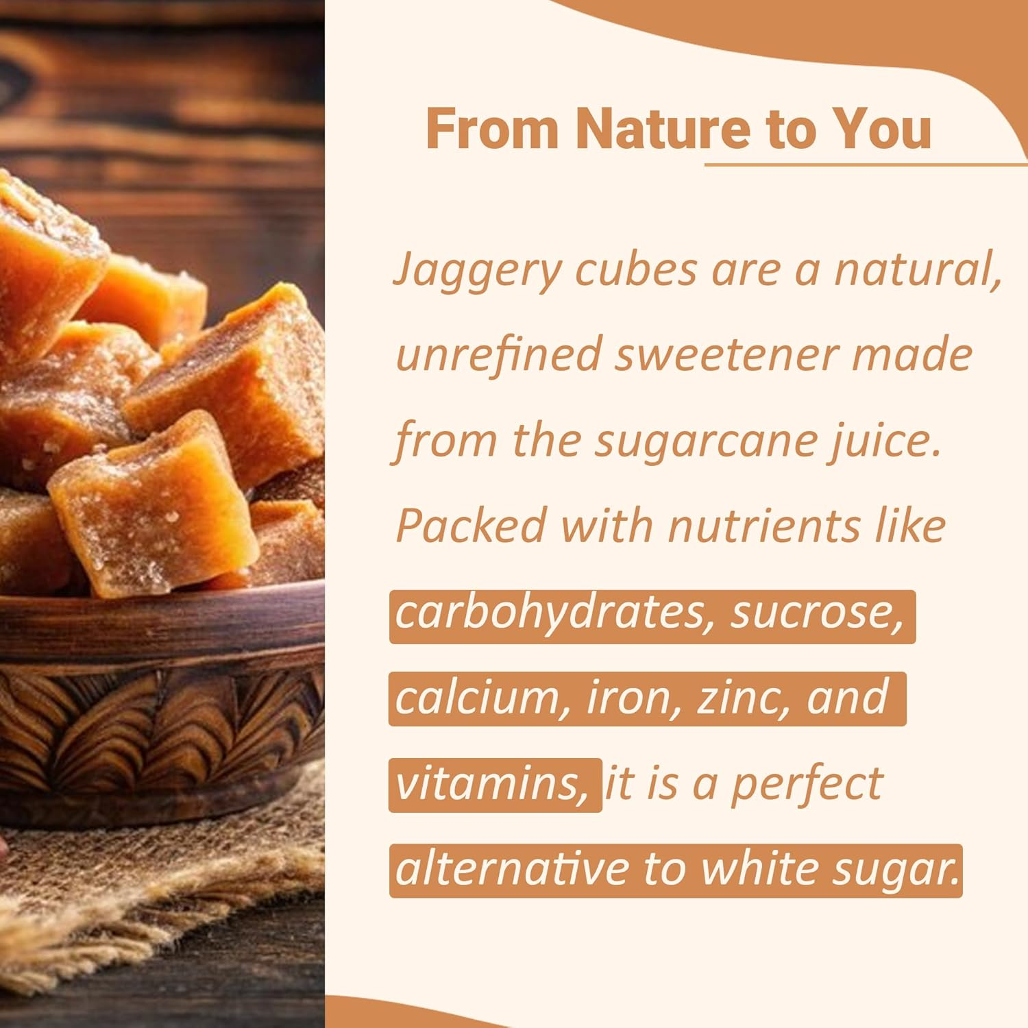 Mi Nature Jaggery Cube| 100% Pure & Unrefined Farm Fresh Sugarcane Gur/Gud Blocks| Rich in Vitamins & Minerals |Natural Healthy Sweetener & Refined Sugar Substitute| No Additive & Preservative | 300G(10.5Oz) image number 3