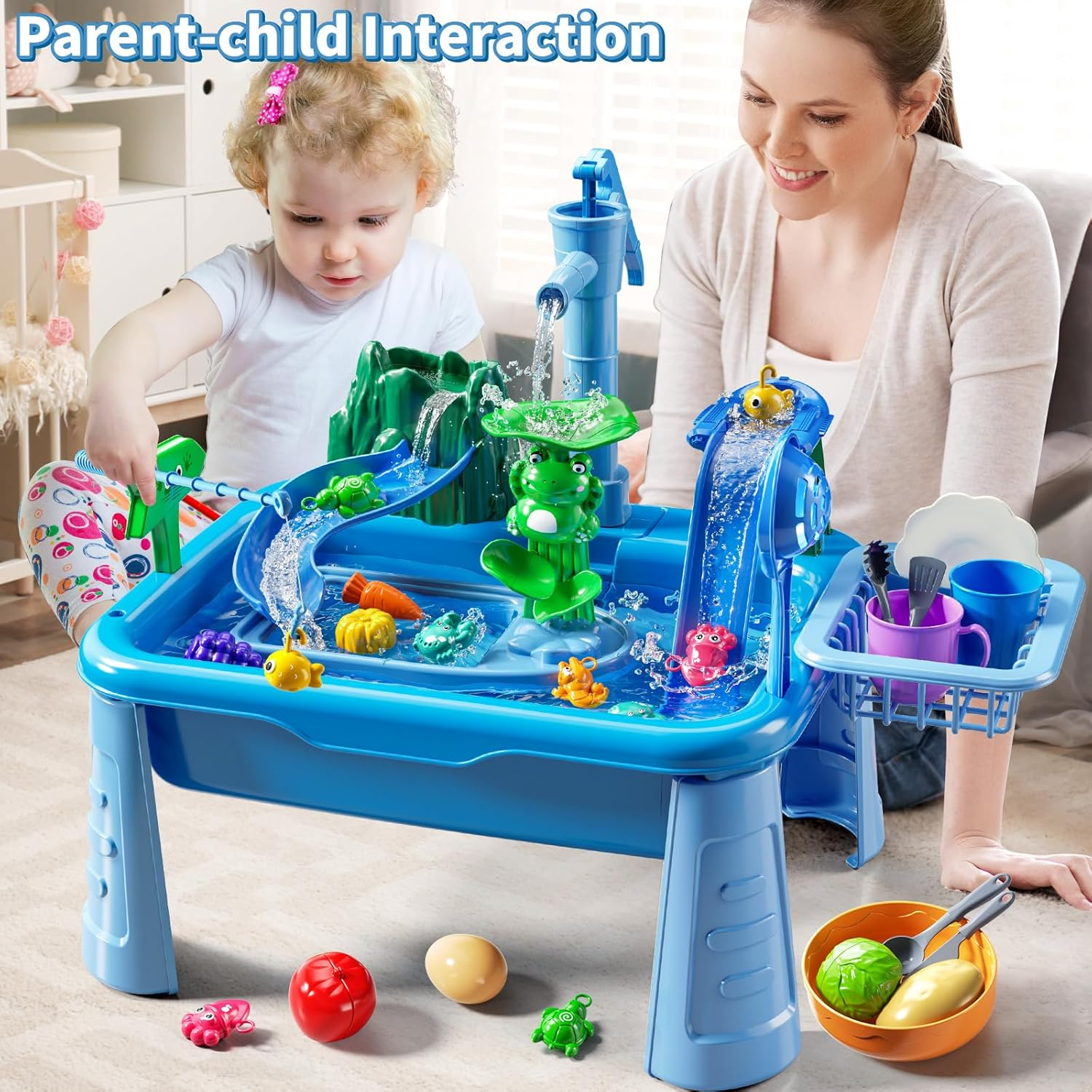 JUKUDAHU 4-In-1 Kids Kitchen Sink Toy for Toddlers 2 3 4 5 6 Years Old - Play Sink with Running Water, Water Table with Detachable Legs, Fishing Game, Pretend Play Dishwasher Gifts for Boy Girl(Blue) image number 3