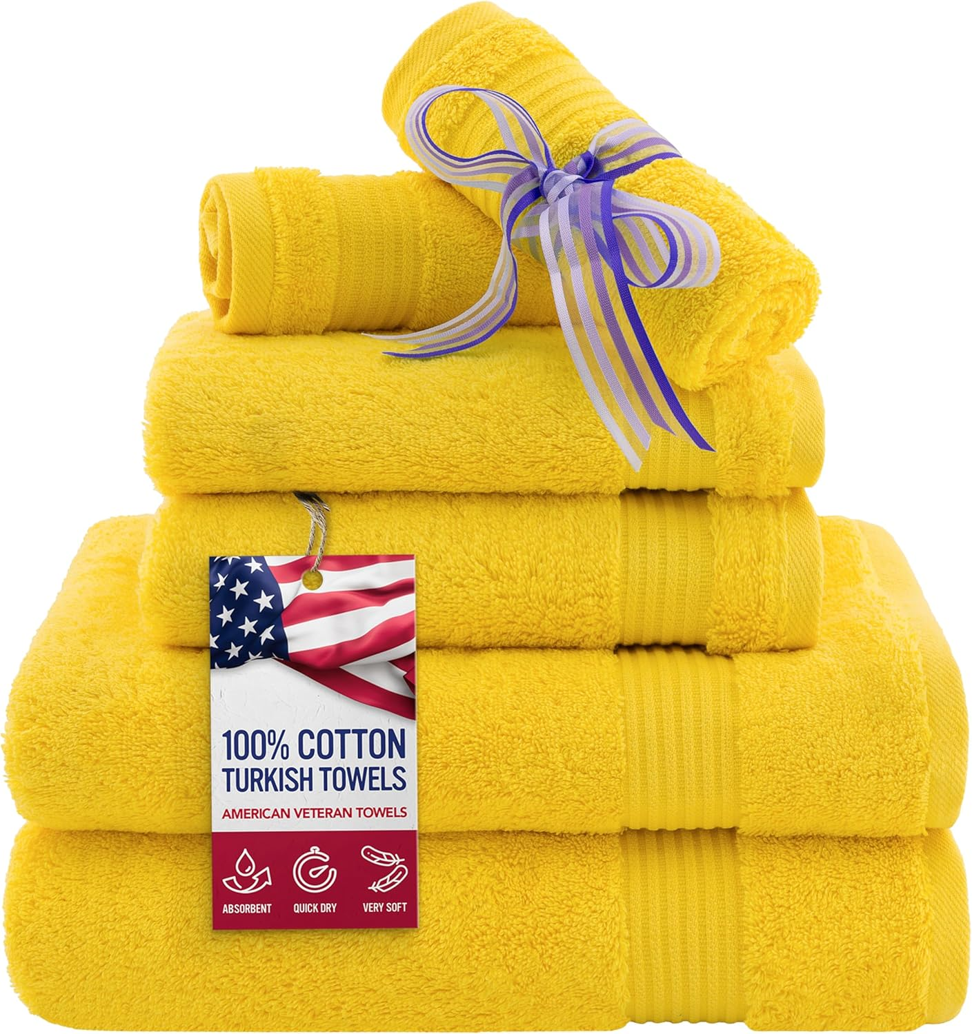 American Veteran Towel, 6 Piece Towel Set for Bathroom, 100% Cotton Turkish Bathroom Towels, 2 Bath Towels 2 Hand Towels 2 Washcloths, Yellow image number 2