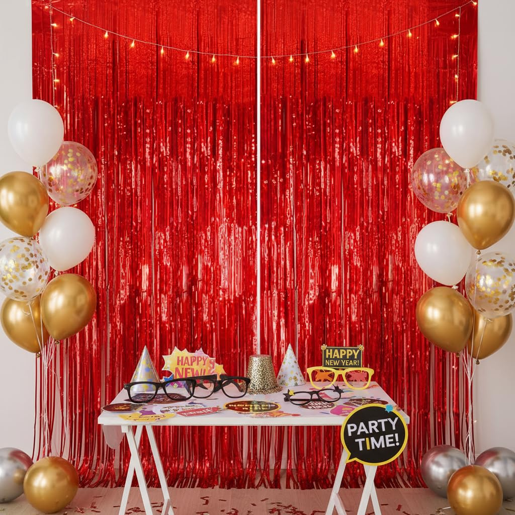 Red Curtain Christmas Decoration Party Backdrop, 2 Pack Red Fringe Foil Streamer Tinsel Curtain for Wall Door, Compatible with LED Lights and Balloons, Ruibex